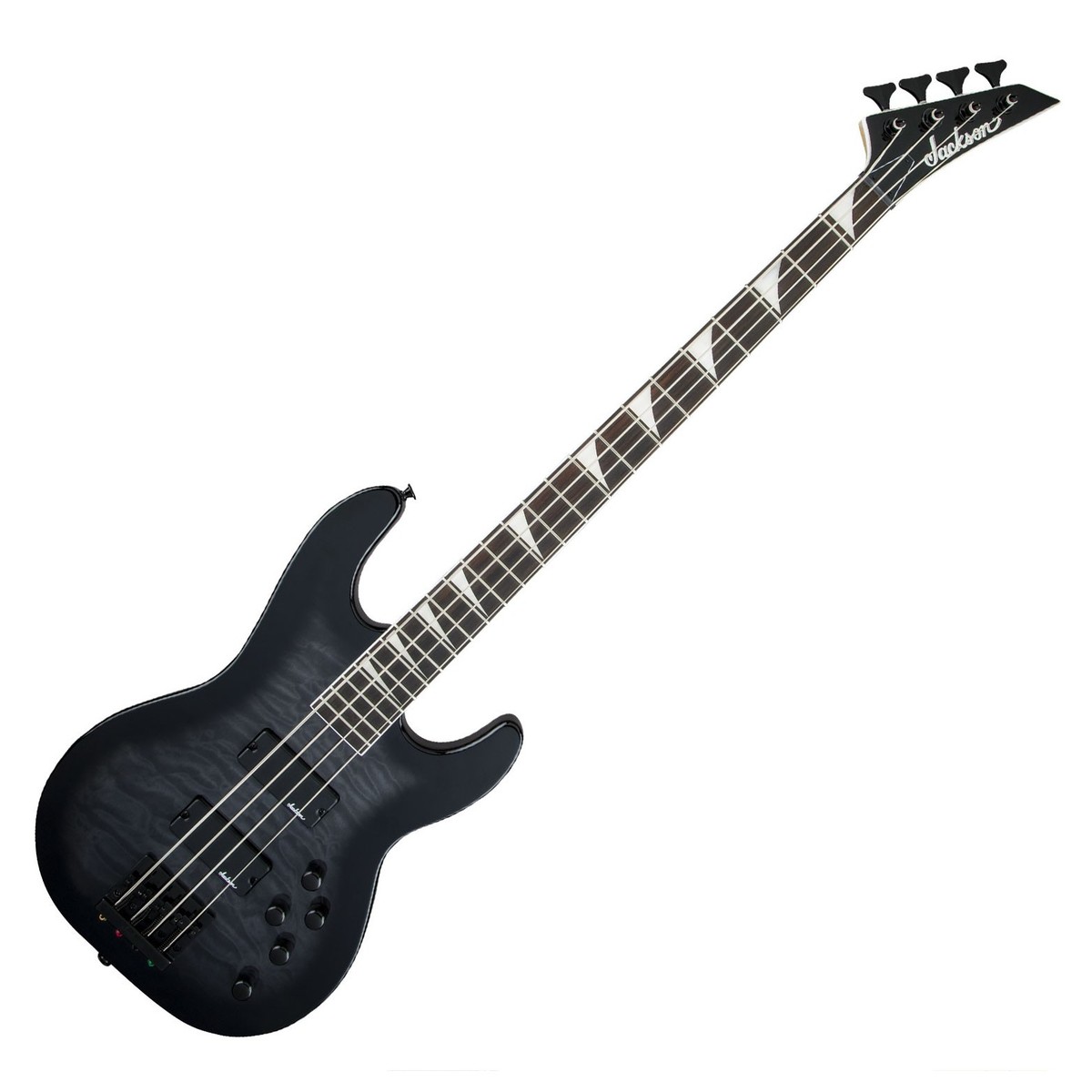 En bild på Jackson JS Series Concert Bass JS3Q Transparent Black Burst | Åska ljudet. Fantastisk spelbarhet. Krossningston. Jackson JS3Q Concert Bass ger allt. Med dubbla Jackson High-Out Humbuckers kan du få kraftfulla bastoner utan hum perfekt för rock och metal. Du kan också forma ditt ljud tack vare en aktiv 3-bands EQ och 2 oberoende volymkontroller - så att du enkelt byter ljud som passar din stil.  Spela allt från mäktiga riffar till att strimla solos. En grafitförstärkt Sidenmatt ger jämn spelbarhet och maximal styrka. Och tack vare en sammansatt raderbräda kan du enkelt övergå från kraftfulla baslinjer nära Sadeln till snabba solor längre ner i halsn. Med en Jackson HiMass-bro får du en bättre ton med förbättrad hållbarhet. En täcke ödla ökar ljusstyrkan till ditt ljud - och lägger till estetiken i detta vackra instrument.