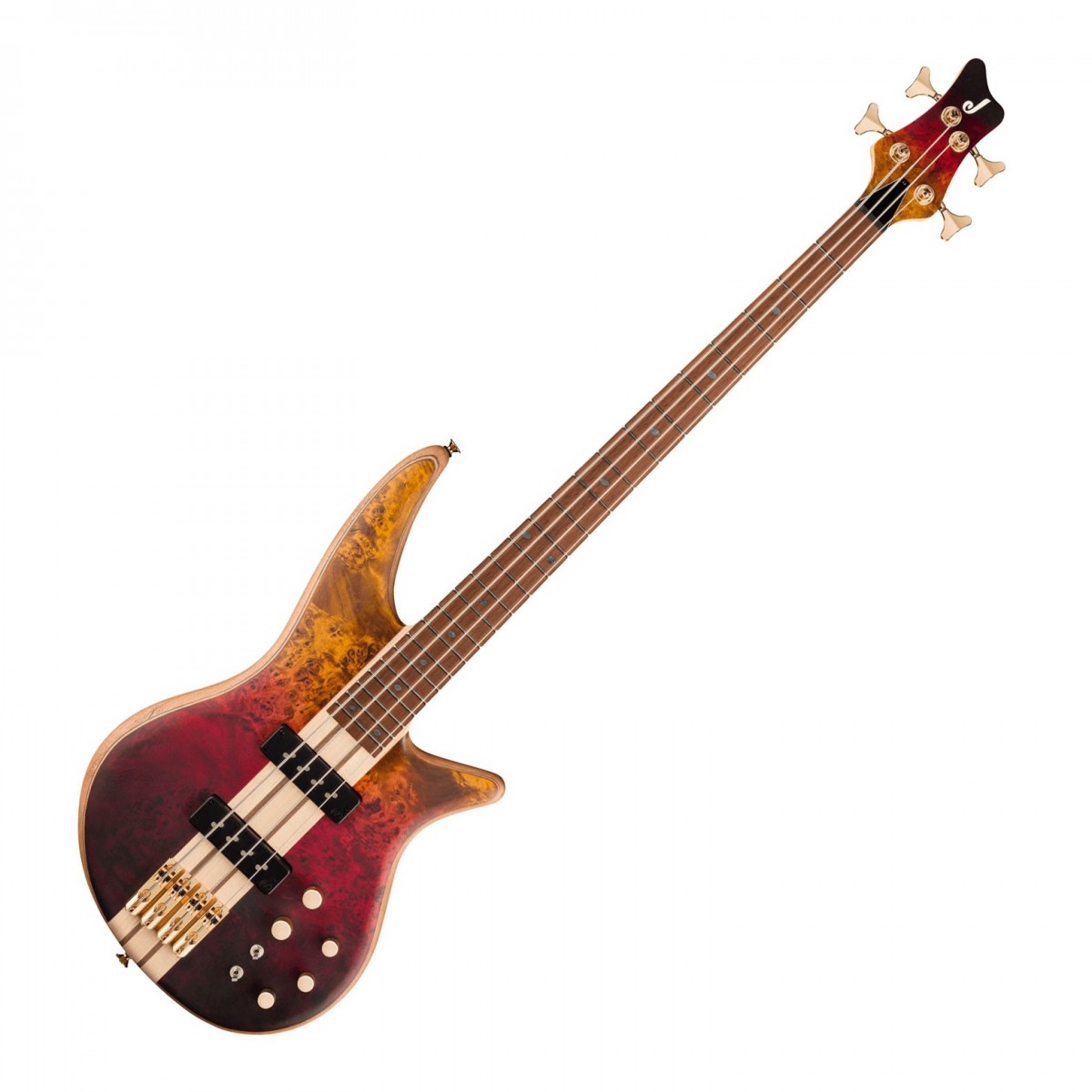 En bild på Jackson Pro Series Spectra Bass SBP IV Firestorm Fade | Jackson Pro Series Spectra Bass är förkroppsligandet av oklanderligt hantverk och passar det erfarna proffset som är villig att utforska nya ljudlandskap. Basen har en kropp i flera laminat flame lönn/valSadel/mönn/valSadel/mahogny och en fantastisk Chlorine Burst -finish tillsammans med en 2x2 färgmatchad topplock med en subtil "J"-logotyp. Dessutom garanterar den innovativa designen av offset-kroppen optimal balans och spelkomfort tack vare det förstorade övre hornet som fördelar vikten jämnt över hela instrumentet. Pro SBFM IV är utrustad med Nordstrand SB4 enstaka-coil soapbar-mickar för stall och hals som använder alnico V-magneter. Dessa ger ett omfattande ljudspektrum och producerar ljusa rena och kraftfulla toner som behåller sin klarhet även när de spelas aggressivt. Dessutom ger den aktiva EQ:n med tre band dubbla omkopplare för tonprecision och en blend-kontroll ett fantastiskt utbud av tonala möjligheter. Oavsett om du vill fördjupa dig i det djupa mullret eller utforska den ljusare sidan av basspektrumet erbjuder Jackson Pro Series Spectra Bass en oöverträffad spelupplevelse.