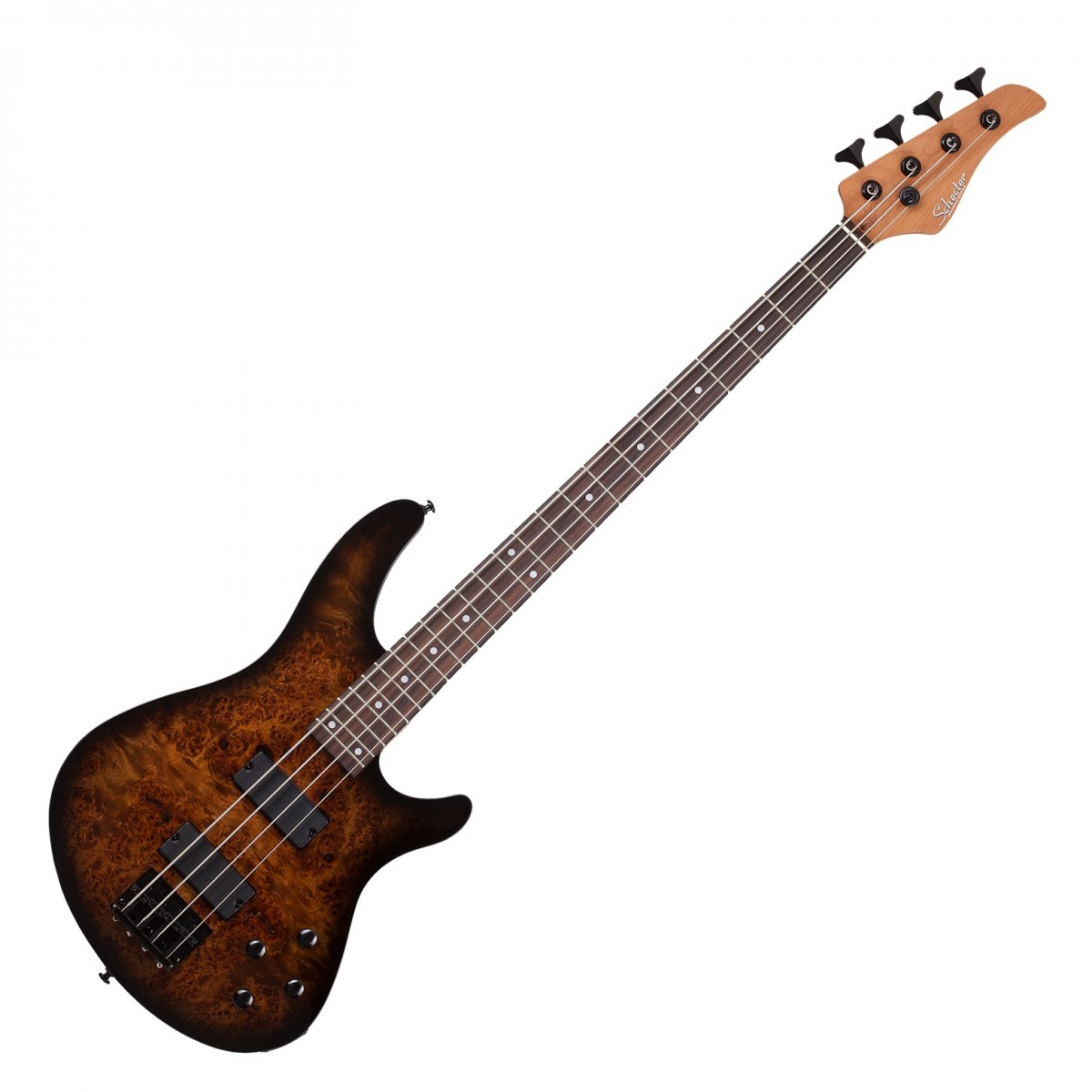 En bild på Schecter C-4 Standard Burl Tobacco | Schecter C-4 Standard Burl är en bas som levererar exceptionell ton och fantastisk estetik allt utan att spränga banken. Med en kropp i mahogny och en topp i figursydd burl är den en fröjd för ögat samtidigt som den ger ett resonant ljud. Den rostade lönnhalsen med en tunn "C"-profil och greppbräda i rosewood ger smidig spelbarhet vilket gör den till ett utmärkt val för basister som kräver komfort och precision. C-4 Standard Burl är utrustad med Schecter Diamond Standard soapbar-pickuper och erbjuder kraftfulla och mångsidiga bastoner som enkelt kan anpassas till din spelstil. De oberoende volym- och tonkontrollerna för varje pickup ger dig full kontroll över ditt ljud vilket möjliggör exakta tonjusteringar. I kombination med svart hårdvara och en Schecter Diamond-basstall är den här basen byggd för prestanda och tillförlitlighet vilket gör den till ett perfekt val för seriösa musiker.