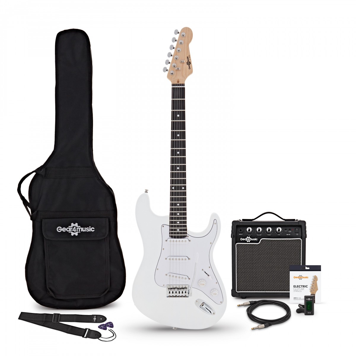 En bild på LA Elgitarr White 10W gitarrförstärkare & tillbehörspaket | Vit LA elgitarr med 10W förstärkare är det perfekta paketet för nybörjare som vill kickstarta sin spelkarriär. Detta paket erbjuder en allt-i-ett-lösning och innehåller en extremt spelbar LA-gitarr en 10 W elgitarrförstärkare en kabel för anslutning till förstärkaren en rem en väska en gitarrstämmare reservsträngar och plektrum - vilket innebär att du är fullt utrustad redan från början.  Den vita LA-gitarren är tillverkad av en slät lönnhals en lättviktskropp i paulownia och en greppbräda i poppellaminat och utgör en spelarvänlig plattform för att börja din gitarrresa. Med tre enkelspoliga pickuper och en femvägs switch är LA-gitarren otroligt mångsidig vilket gör att du kan experimentera med alla möjliga spelstilar.  Med den medföljande förstärkaren är du fri att korsa genrerna - från tunga rocktoner till mjuk R&B eller jazz. Det här LA-paketet erbjuder något för varje spelare att upptäcka - oavsett erfarenhet ålder eller influenser.