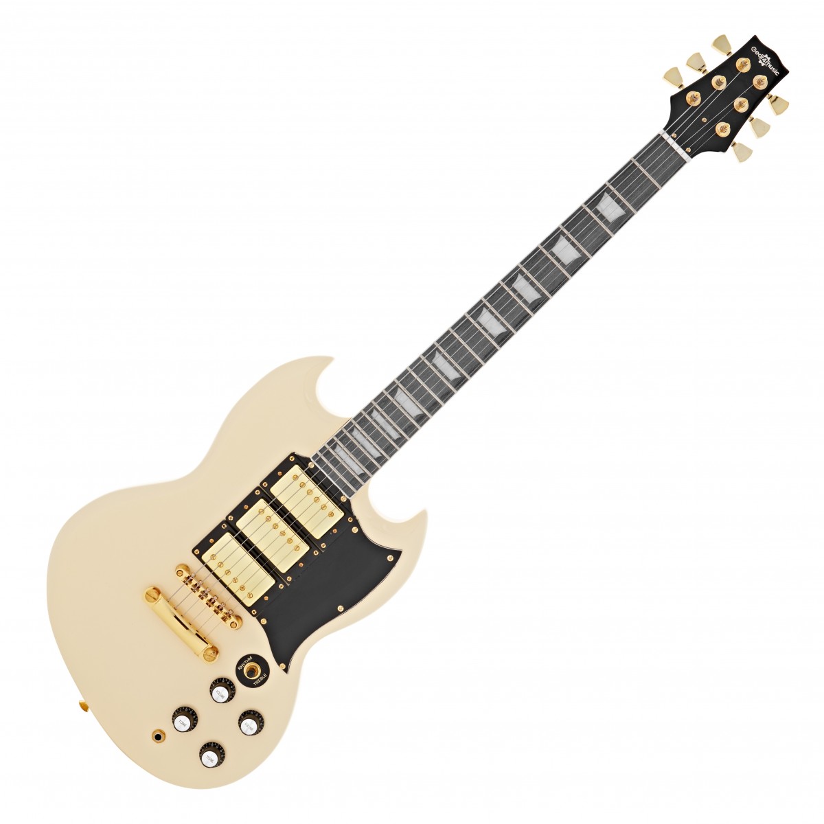 En bild på Brooklyn Select Elektrisk Gitarr från Gear4music Ivory | Brooklyn Select Elgitarr från Gear4music är som gjord för för rock. Det kraftfulla och omedelbart igenkännbara ljudet kommer med ett par täckta humbucking pickuper. Med en standard mahognykropp är Brooklyns naturligt organiska ton idealisk för både tunga riffs och själfulla solon medan den bekväma lönnhalsen ger en fantastisk stämningsstabilitet och en bitande närvaro i toppnoterna.   Brooklyns ikoniska dubbla hornform möjliggör en oslagbar ergonomisk tillgång till de övre banden medan dess tunna form och välplacerade kontroller gör den mycket bekväm att spela. En robust väska och en kabel ingår i priset. Med en snygg glansig finish i elfenbensvit är Gear4music Brooklyn en prisvärd gitarr som är redo för scenen.