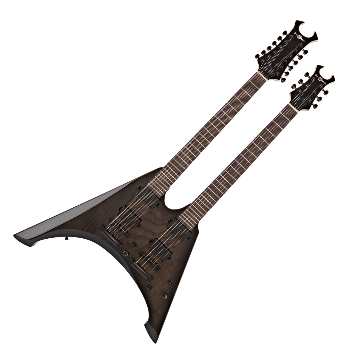 En bild på Harlem V Dubbelhalsad Gitarr från Gear4music Black - Nästan Ny | Denna snygga rockgitarr från Gear4music har alla fantastiska funktioner som standard Harlem-serien men med en extra hals och pickuper! Denna fantastiska dubbelhalsade gitarr har ett superläckert utseende och fantastiskt ljud och spelupplevelse. Med en 12-strängad och en 6-strängad lönnhals rosenträ-greppbräda paulownia-kropp och två par öppna humbuckers ger denna gitarr klassisk rock-look och -ljud till ett otroligt pris.