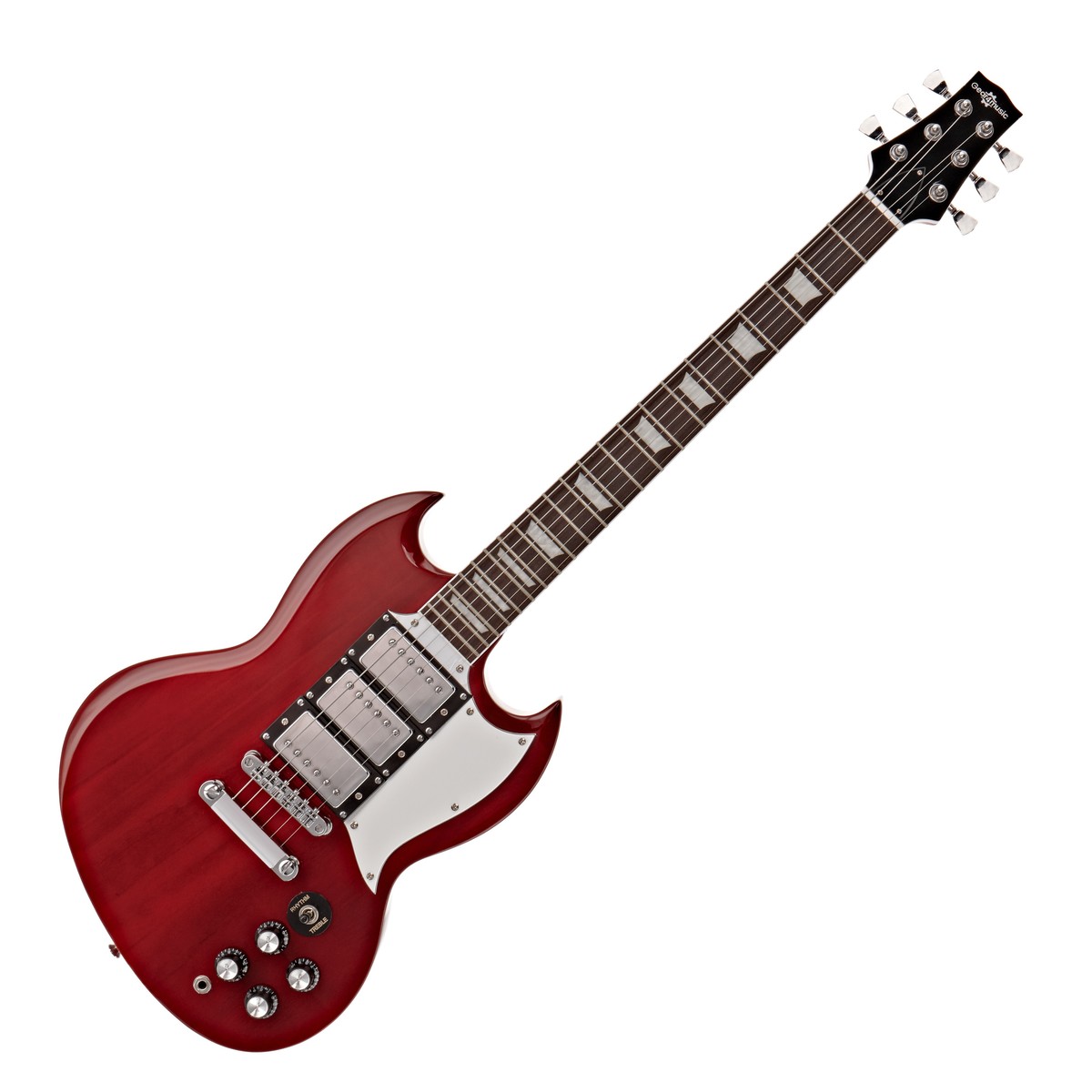 En bild på Brooklyn Select Electric Guitar by Gear4music Red - Nearly New | Brooklyn Elgitarr från Gear4music en bult på lönnhalsen och 3 vintage uttryckta humbucking pickups och ger ett kraftfullt och direkt igenkännbart ljud perfekt för moderna och vintage rocktoner. Den smala kroppsformen gör det till ett bekvämt och attraktivt instrument medan den dubbla cutaway designen gör det lätt att få tillgång de höga banden. Den levereras komplett med väska rem och jack lead.