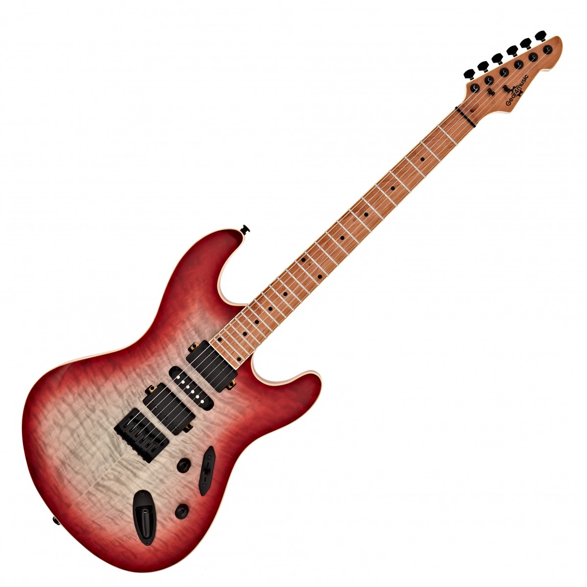 En bild på LA Select Modern Elgitarr Lava Burst | LA Select Modern Elgitarr är ett måste-tillägg till alla gitarrkollektioner. Gitarren består av en askkropp och erbjuder ett balanserat ljud med ett mjukt skop i de låga mitten vilket gör den perfekt för distorsion och nedjustering eftersom den automatiskt eliminerar oönskat lågfrekvent innehåll. Tack vare sin slanka 35 mm kropp är gitarren otroligt lätt vilket garanterar att din prestanda inte begränsas när du står på scenen.    Kombinationen av en smal lättviktig kropp och införandet av en solid rostad lönnhals ger mycket mer attack hållbarhet och volym perfekt för moderna höghastighetsljud. Det garanterar också exceptionell tuningstabilitet och ett contemporary dynamiskt ljud som komplimangerar humbucker / enkelspoliga konfigurationen. För maximal estetik kommer LA Select komplett med en futuristisk lava brast quiltat lönn finish på toppen och natural sidenmatt på botten och sarg tillsammans helsvart hårdvara och en elegant iveroid bindande runt.