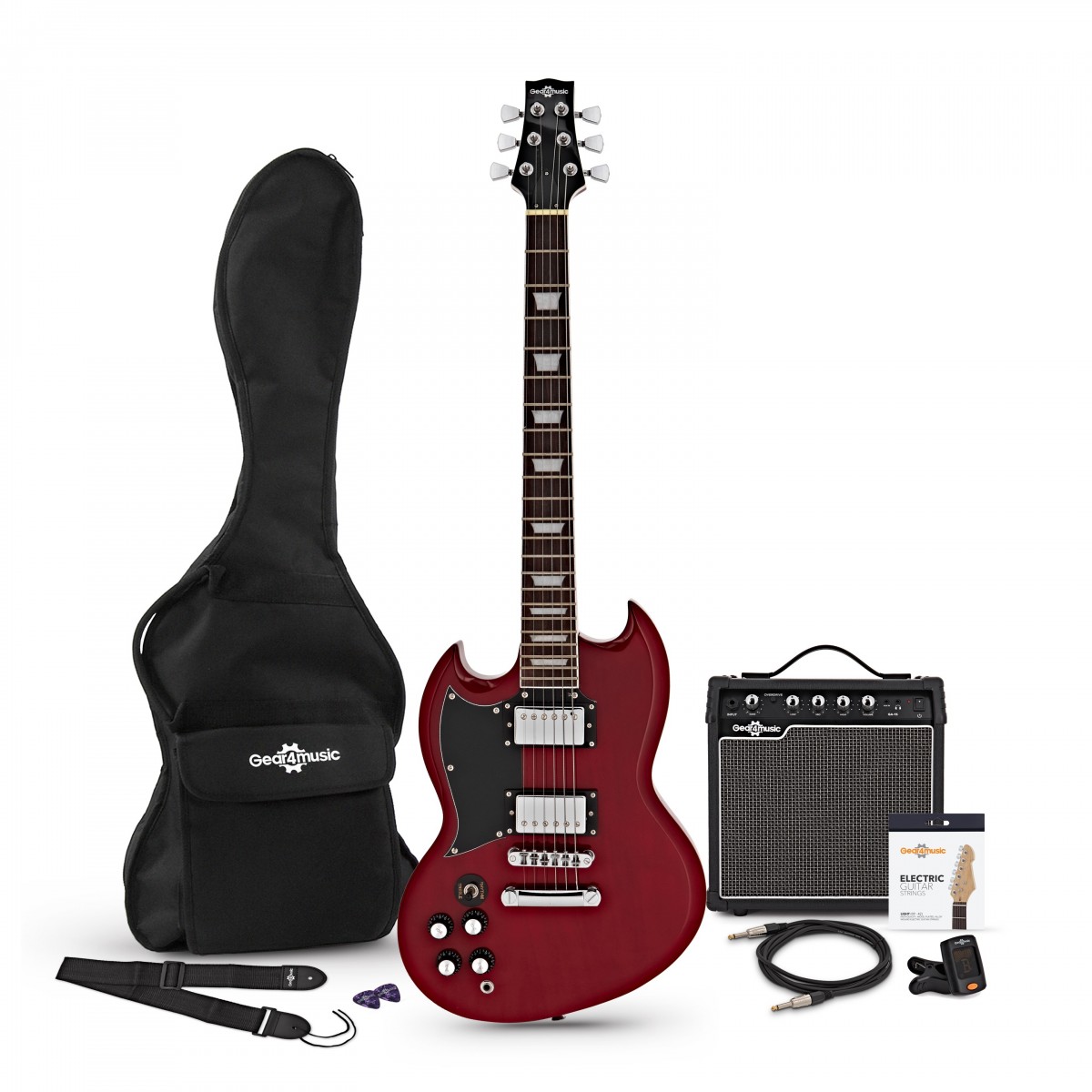 En bild på Brooklyn Vänsterhänt Elgitarr + 15W Förstärkarpaket Red | Brooklyn Elgitarr från Gear4music gjordes för rock. Det kraftfulla och omedelbart igenkännbara ljudet kommer med ett par täckta humbucking mickar. Med en industristandard Svartlind-kropp är Brooklynens naturligt organiska ton perfekt för både tunga riflingar och själsliga solon medan en bekväm lönnhals ger fantastisk stämningsstabilitet och en bitande närvaro i toppänden.  Brooklyn ikoniska dubbla hornform möjliggör oslagbar ergonomisk tillgång till de övre banden medan dess tunna uppbyggnad och välplacerade kontroller gör det mycket bekvämt att spela. Med en robust väska och jack-to-jack instrumentkabel ingår i priset och en spotlight-stjälande transparent red yta för att starta är Gear4music Brooklyn en prisvärd yxa som är redo att slå scenen. Detta paket innehåller en 15W förstärkare rem kabel fodral stämapparat och ett reservsträngset.