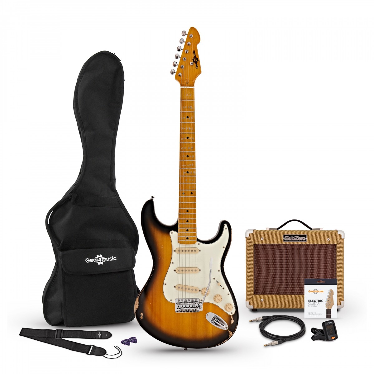 En bild på LA Select Legacy Elgitarr + Tweed-förstärkare Sunburst. Paketerbjudande | LA Select Legacy-gitarren från Gear4music Sunburst är ett perfekt tillägg till varje gitarrists samling. Denna modell har kropp i svartlind så LA Select kommer omedelbart att ge din ton styrka och utstrålar med sitt fylliga och välformulerade mellanregister. Lönnhalsen och greppbrädan erbjuder fantastisk stämningsstabilitet och ett väl rundat ljud som kompletteras av single coil-mickarna.  Vare sig du gillar rock pop eller country och jazz erbjuder de tre single coil pickuperna massor av olika toner så att LA Select kan växa med dig när din spelstil och teknik utvecklas. Den inbyggda svajarmen låter dig lägga till ännu mer uttrycksfullhet och känsla till dina uppträdanden och utan någon möda.   LA Select har en unik föråldrad finish som får din publik att tänka att du redan spelat många turnéer och år i övningsrummet så väl använd ser gitarrens finish ut. Klassiska riff kommer kommer att känna sig hemma på den bekväma "åldrade" halsen och den extra mojo hos den åldrade hårdvaran och plastet kommer att ytterligare inspirera dig att spela klassiska toner och införliva dig med en no-nonsense-attityd på scenen eftersom denna gitarr personifierar precis det. Varje gitarr har ett unikt åldrat mönster så inga två är lika. Var och en är smakfullt åldrad på precis de ställen du skulle vara i kontakt med gitarren när du spelar vilket garanterar ett autentiskt utseende och att du genast får en bekväm spelkänsla. Paketet innehåller en 15W förstärkare och kromatisk stämapparat.