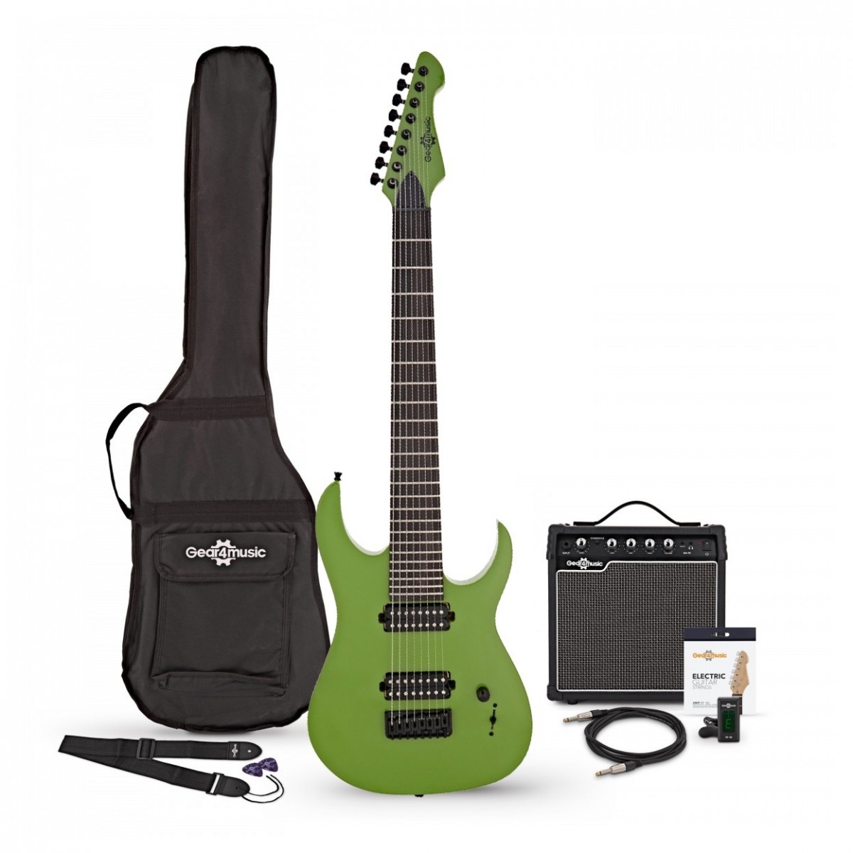 En bild på Harlem S 8-strängad Elgitarr + 15 W Förstärkarpack Slime Green | Harlem S 8-strängad Elgitarr + 15 W Förstärkarpack är den perfekta startplatsen för alla rockare eller metal heads. Med ett par kraftfulla humbuckers kommer den att pumpa ut hårt slående tunga toner i stora lass med tillräckligt med dynamik för leads och rytm. Lönnhalsen komplett med mahogny fillet har en härlig sidenmatt som låter fingrarna glida upp och ner utan friktion.  Den innehåller en superb 15W förstärkare som har massor av kraft och punch samt en rad praktiska kontroller för att forma ditt ljud. Det råder ingen brist på högkvalitativ hårdvara heller. Ett fast standardstall bibehåller stämningsstabilitet medan pressgjutna förseglade stämskruvar håller dina strängar stadigt på plats. Kroppen i lättviktig svartlind låter dig svänga runt gitarren med lätthet - den är exceptionellt manövrerbar. Slutligen ingår en mängd tillbehör som en väska rem plektrum stämapparat strängar och mer. Allt du behöver från början!