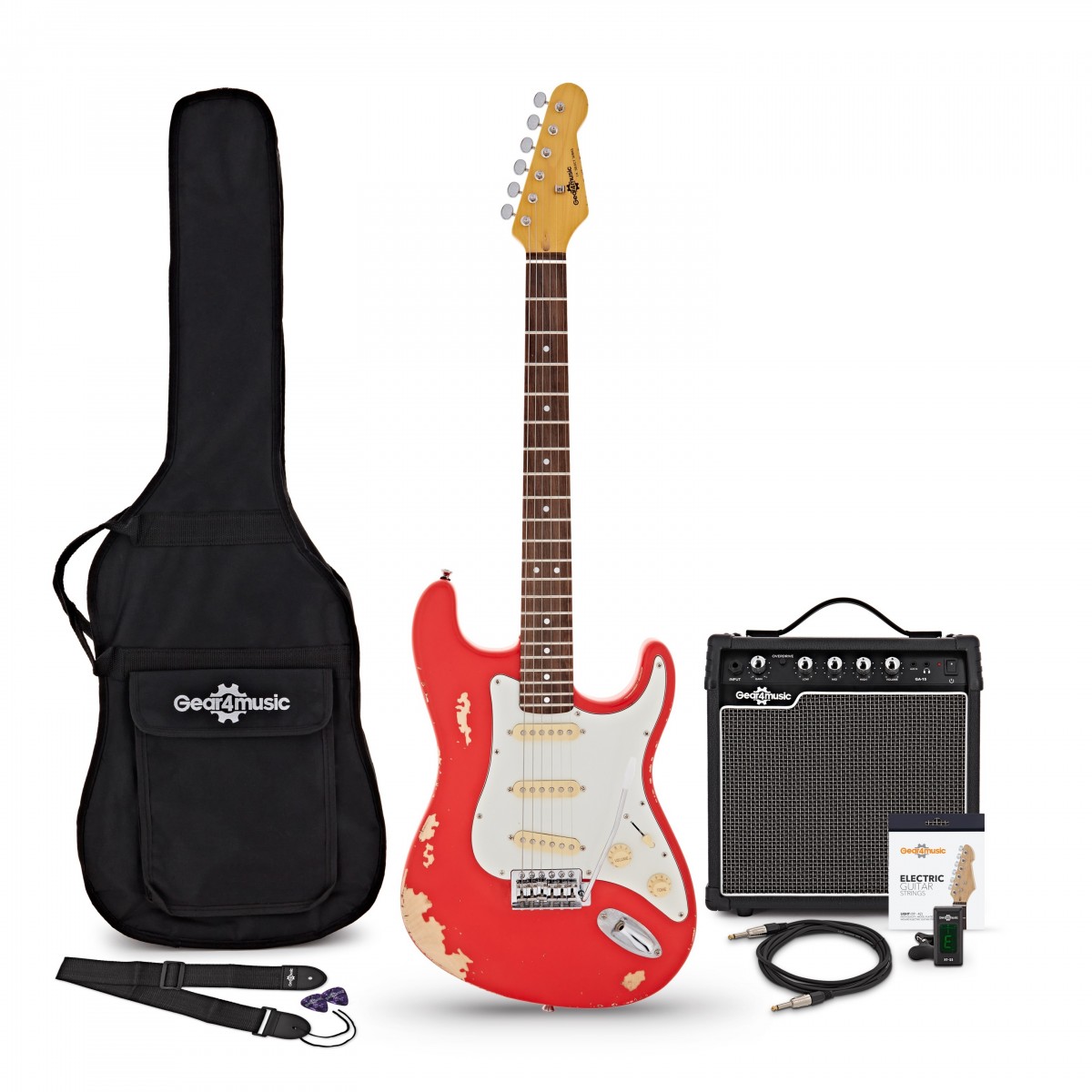 En bild på LA Select Legacy Elgitarr Antique Red 15W gitarrförstärkare och tillbehörspaket | Antique Red LA Select elgitarr med 15W förstärkare från Gear4music ger enastående känsla mångsidiga toner och ett övertygande nyspelat utseende. Med åldrad hårdvara och träslag är den extremt bekväma antikröda LA utformad för att följa med alla spelare när som helst på deras resa.  Med en kropp i road-worn Svartlind och hals i lönn ger LA Select med antikröd finish en exceptionell spelupplevelse med en bekväm känsla upp och ner på greppbrädan. Varje antik finish är något annorlunda vilket innebär att din gitarr kommer att vara unik för dig!  Med den medföljande förstärkaren är du fri att korsa genrerna - från tunga rocktoner på overdrive -kanalen till mjuk R&B eller jazz med de rena tonerna. Det här LA-paketet erbjuder något för varje spelare att upptäcka - oavsett erfarenhet ålder eller influenser.  LA-gitarrerna innehåller också de tillbehör du behöver för att verkligen få ut mesta möjliga av ditt instrument - en kabel för anslutning till en förstärkare rem väska och plektrum. Med den medföljande tremoloarmen kan du dessutom enkelt lägga till ett unikt uttryck i ditt spel.