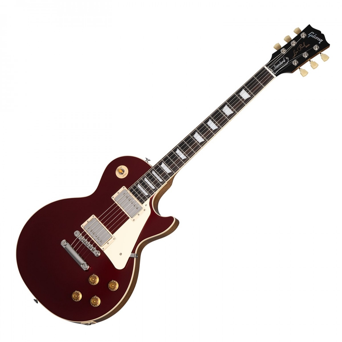 En bild på Gibson Les Paul Standard 50s Plain Top Sparkling Burgundy Top | Gibson Les Paul Standard 50s Plain Top är samma klassiker som du känner och älskar med en helt ny slät topp i ett djärvt urval av färger. Dessa nya ytbehandlingar toppas med en handapplicerad nitrobeläggning som ger Les Paul sin ikoniska glans vintage.  Under det attraktiva skalet finns alla kännetecken på Les Paul-kvalitet som du kan förvänta dig. Kalibrerade Burstbucker-pickuper ger den härliga PAF-karaktären som har prytt otaliga låtar. Med den vintage alnico-värmen för krämiga toner och ingen brist på bett heller för de tillfällen du behöver kraftfull distorsion. Till detta kommer Gibson:s förstklassiga hårdvara en TOM-stall Vintage Deluxe stämskruvar en greppbräda i rosenträ och de retro gold Top Hat-kontrollrattar. Allt detta backas upp med marknadsledande audio taper-pottar och Orange Drop-kondensatorer för att ge dig den ljudfiness du förtjänar.