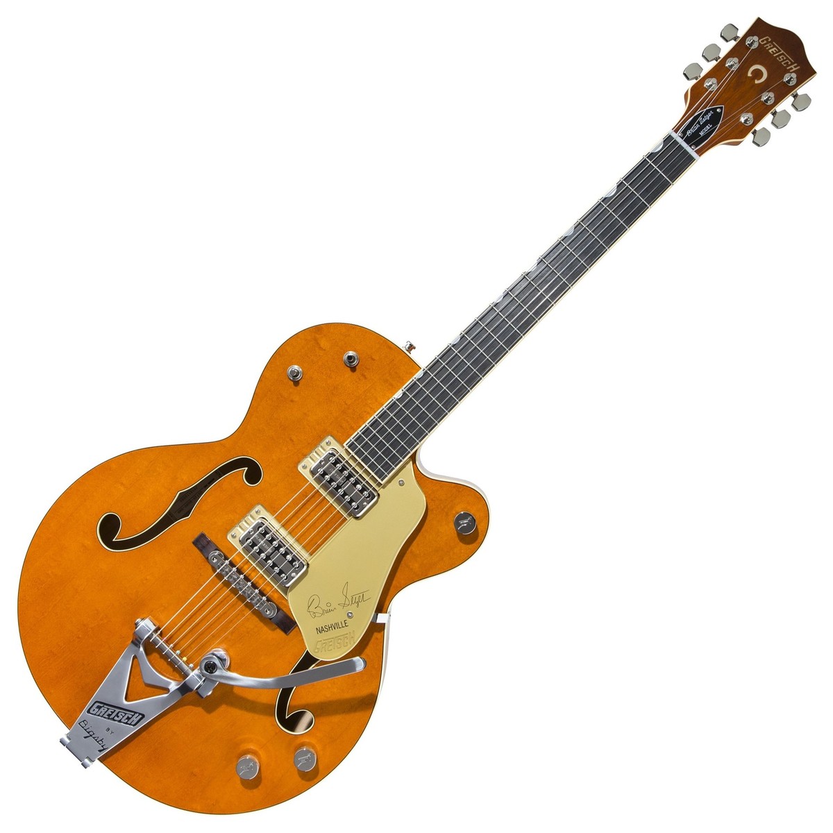 En bild på Gretsch G6120T Brian Setzer Nashville Hollowbody 59 Smoke Orange | Gretsch G6120T Brian Setzer Nashville Hollowbody 59 Smoke gitarr byggdes för att ge dig de fylliga ofördärvade gitarrfunktionerna som Setzer själv gillar. Den är äkta vara med massor av kvalitet i varje tum av dess design. Du vill inte släppa denna skönhet när du hört hur de speciella TV Jones Ray-Butts Ful-Fidelity-pickuperna ger din ton liv oavsett om du spelar rockabilly eller någon annan genre. Med sitt eldiga uttryck och bergen av attityd kan denna premiumgitarr hantera allt.  Din musik kommer att sväva. Glöm barriärer för ditt spelande - med den här gitarren finns det inga. Från den rullade greppbrädan och kroppskanterna till Adjustomatic Stall och whammy bar är du fri att uttrycka dina slickar med självförtroende och stil. Oavsett om du fingerplockar strummar eller plockar har du aldrig känt samma nivå av befrielse på någon annan gitarr. Det är inte konstigt att Setzer själv spelar denna fingjorda pärla på scenen.