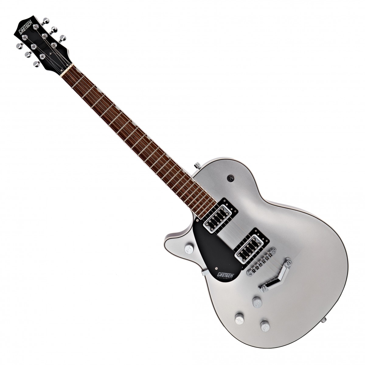 En bild på Gretsch G5230LH Electromatic Jet FT Single-Cut Left Handed A Silver | Större ljud. Bättre möjligheter. Gretsch G5230LH Electromatic Jet FT är enkelt uttryckt en av de mest perfekta liveinstrumenten du sannolikt någonsin kommer att hitta. Det beror på att Gretsch har gjort allt för att se till att den låter massivt. En kammarmahognykropp ger en enorm naturlig resonans i ditt elektriska spelande.   Detta görs ännu bättre av G5230s otroliga FilterTron-pickuper. De förstärker och betonar ditt spelande och ger en bred åskande kvalitet till din musik. De är idealiska för att se till att varje publikmedlem hör dig. Och du kan skapa ditt eget distinkta ljud också. Ett klassiskt V Stoptail-stall säkerställer att din stämning håller så att du kan spela med maximal energi i varje uppträdande.