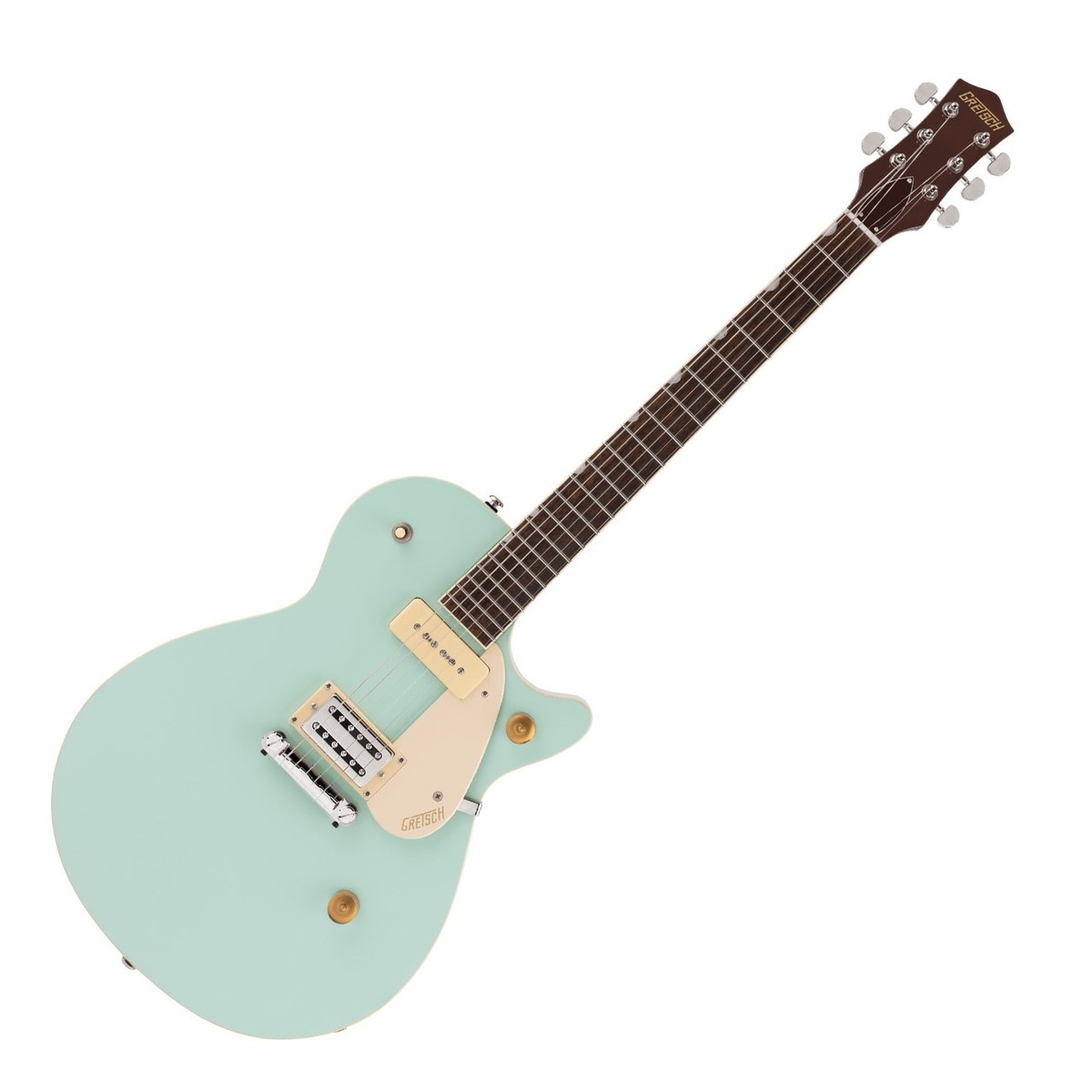 En bild på Gretsch G2215-P90 Streamliner Junior Jet Club Mint Metallic | Gretsch G2215-P90 Streamliner Junior Jet Club är utformad för att klara av oändligt spelande. Det är en gitarr som matchar din passion och energi. Så släpp lös kraftfull och grym prestanda utan behöva vara orolig för din gitarrs säkerhet. Med denna gitarr får du en verkligt uppslukande spelupplevelse varje gång du kliver upp på scenen.   Den kraftfulla kombinationen av en StalladTron Stall pickup och en P90 Soap Bar pickup tar dig till nya ljudhöjder. Filtrera bort hummande ljud och utforska pickuper som levererar en oöverträffad ton med fullspektrum ljudtrohet. Du får en läcker unik ton med tjocka mellantoner unik tonal charm och det klassiska dånet av rock n roll. Och tack vare en intuitiv design låter Streamliner dig ta fullständig kontroll över din ton. Den är också otroligt bekväm att spela med en tunn U-profil som gör spelbarheten väldigt enkel. Den är smidig fartfylld och imponerande att titta på. Det är dags att göra din nästa show rättvisa...