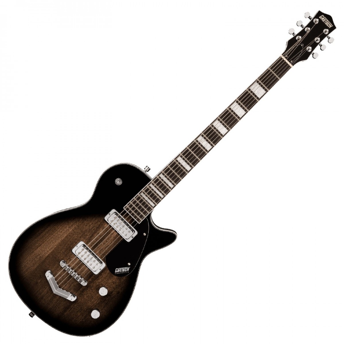 En bild på Gretsch G5260 Electromatic Jet Baryton Bristol Fog | Grestch G5260 Electromatic Jet Baryton med V-Stoptail skickar kraftfulla uppmärksamhetsfångande toner dånande från högtalarna utan att förlora klarheten. Tack vare den långsträckta skallängden på 756 mm kommer vingliga lösa strängar att vara ett minne blott. Du kommer att kunna uppnå den låga stämningen du är ute efter och fortfarande behålla en solid strängspänning. Nej det är ingen dröm. Det är Electromatic Jet Baryton.   Skjut ditt ljud i höjden. Dubbla Gretsch mini humbucker pickuper levererar enorma dundrande bastoner och suverän artikulation. Varje ton kommer att vara vackert definierad och ändå kommer de fortfarande att ha massor av ekoljud som fyller rummet. Och det säger sig självt - med en Gretsch gitarr kommer du att se lika bra ut som du låter. Gretsch experthantverk kan ses i alla fina detaljer från pärlemorfärgade Neo-Classic miniatyrinlägg till glänsande kromhårdvara.