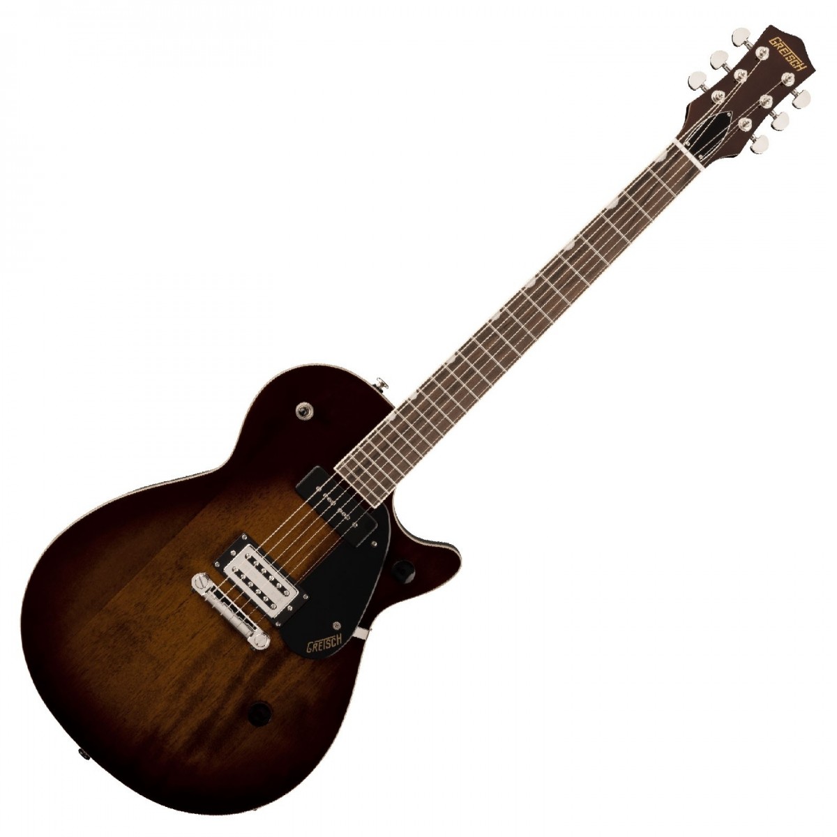 En bild på Gretsch G2215-P90 Streamliner Junior Jet Club P90 Havana Burst | Gretsch G2215-P90 Streamliner Junior Jet Club är utformad för att klara av oändligt spelande. Det är en gitarr som matchar din passion och energi. Så släpp lös kraftfull och grym prestanda utan behöva vara orolig för din gitarrs säkerhet. Med denna gitarr får du en verkligt uppslukande spelupplevelse varje gång du kliver upp på scenen.   Den kraftfulla kombinationen av en StalladTron Stall pickup och en P90 Soap Bar pickup tar dig till nya ljudhöjder. Filtrera bort hummande ljud och utforska pickuper som levererar en oöverträffad ton med fullspektrum trohet. Du får en läcker unik ton packad med tjocka mellantoner unik tonal charm och det klassiska dånet av rock n roll. Och tack vare en intuitiv design låter Streamliner dig ta fullständig kontroll över din ton. Den är också otroligt bekväm att spela med en tunn U-profil som gör spelbarheten väldigt enkel. Den är smidig fartfylld och imponerande att titta på. Det är dags att göra din nästa show rättvisa...