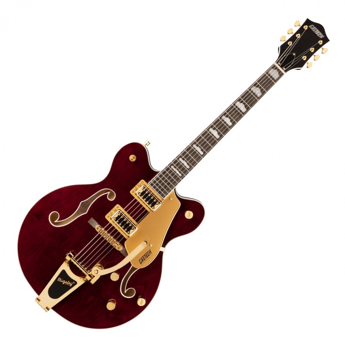 En bild på Gretsch G5422TG Electromatic Double-Cut with Bigsby Walnut Stain | Gretsch G5422TG Electromatic Double-Cut med Bigsby kombinerar förstklassig spelbarhet och ikoniska vintage för en gitarr som ger en oklanderlig spelupplevelse. Den klassiska designen med hollow-body har omarbetats med en helt ny bockblocksstagning för att minska oönskad feedback och ökad styvhet och kontakt mellan toppen och baksidan av kroppen säkerställer en kort skarp attack på varje Plektrum. Detta tillsammans med den innovativa FT-5E FilterTron pickups rösten från denna hollow-body bommar med total definition och klarhet.