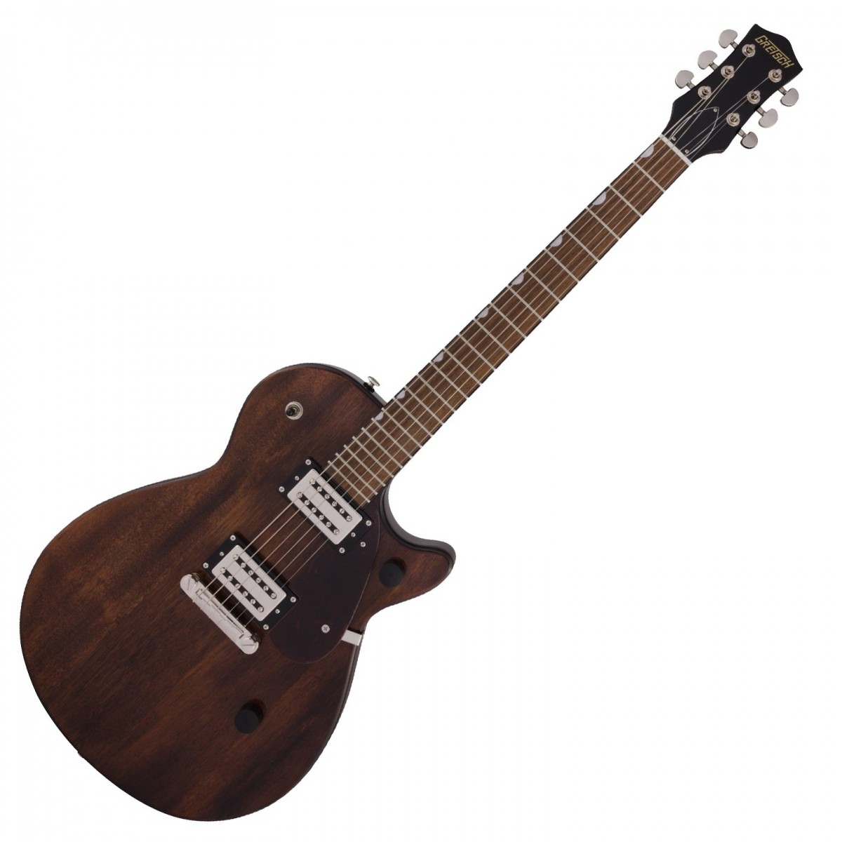 En bild på Gretsch G2210 Streamliner Jr Jet Club Imperial Stain | En gitarr som matchar din passion och energi. Gretsch G2210 Streamliner Jr Jet Club Imperial Stain är utformad för att överleva brutalitet. Så släpp loss kraftfulla och tuffa föreställningar utan den underliggande oro för din gitarrs säkerhet. Den tunna U-formade profilen och 12-tums radiue laurel greppbrädan gör att du oroligt kan kasta dig i skalor och tuffa riff med aggression och veta att din gitarr kommer att reagera snabbt. Mer som en förlängning till dina armar än en separat enhet kommer Junior Jet att partner din scennärvaro med samma kraft och utstrålning som du. Junior Jet kommer också att matcha din stil med enkla Pearloid neoklassisk inlägg och gunmetal finish inklusive vintage-stil rattar och nickel hårdvara.