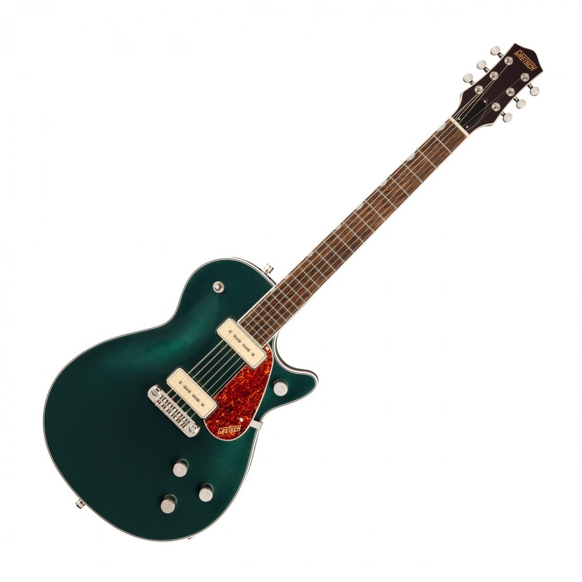 En bild på Gretsch G5210-P90 Electromatic Jet Two 90 Cadillac Green | Gretsch G5210-P90 Electromatic Jet Two 90 är en inkarnation av en legendarisk rock n roll gitarr. Utmärkande ljudkraft levereras av G5210:s mahognykropp. Detta ger massiv resonans i ditt spelande vilket säkerställer att allt du spelar kommer att höras högt och tydligt från den nedre delen till toppen av skalan.  Och du kan ta med en rad olika stilar i din musik också. Högpresterande P-90-pickuper ger dig total kontroll över din ton. De levererar allt med klarhet och individuella volymkontroller för varje pickup tillsammans med en huvudtonkontroll låter dig forma exakt det ljud du vill ha för din gitarr. Denna prisvärda modell är perfekt för att ge kraft och räckvidd till din musik. Tillsammans med all den ikoniska Gretsch stilen som låter dig sticka ut på scenen. Allt är riktat mot dig.