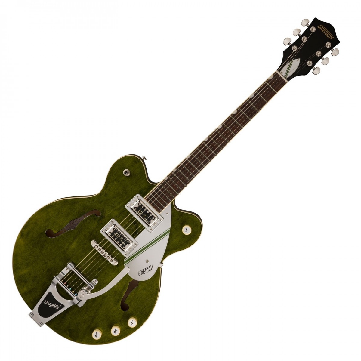 En bild på Gretsch G2604T Streamliner Rally II CB M/ Bigsby Rally Green Stain | Gretsch G2604T Streamliner Rally II CB m/ Bigsby är ett klassiskt instrument uppdaterat för den modern player. Med rika harmoniska och tydliga röster genom sina två kraftfulla Super HiloTron humbuckers står G2604T över en blandning med närvaro och definition. En definition som är återkopplingsfri tack vare ett kvalitetscenterblock som förbättrar din attack och fokuserar ljudet så oavsett om du solo eller klumpar kommer du alltid att höras med perfekt klarhet.  Och på tal om spelbarhet en snabb lagerbräda med en radie på 12 tum med neo-klassiska tumnagelinlägg ger dig massor av teknisk frihet. Strängböjningar och svepande solon är en bris på den plattare ytan och backas upp av en ergonomisk U-formad halsprofil den är lämpad för både tungt ackord och eldiga lead-riff. Komplett med den ikoniska Bigsby tremolo-slutstycket och en tidlös Gretsch-retrostil är G2604T en gitarr som spelar lätt låter fantastiskt och ser ännu bättre ut!