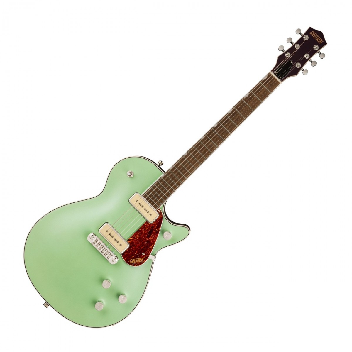 En bild på Gretsch G5210-P90 Electromatic Jet Two 90 Broadway Jade | Gretsch G5210-P90 Electromatic Jet Two 90 är en inkarnation av en legendarisk rock n roll gitarr. Utmärkande ljudkraft levereras av G5210:s mahognykropp. Detta ger massiv resonans i ditt spelande vilket säkerställer att allt du spelar kommer att höras högt och tydligt från den nedre delen till toppen av skalan.  Och du kan ta med en rad olika stilar i din musik också. Högpresterande P-90-pickuper ger dig total kontroll över din ton. De levererar allt med klarhet och individuella volymkontroller för varje pickup tillsammans med en huvudtonkontroll låter dig forma exakt det ljud du vill ha för din gitarr. Denna prisvärda modell är perfekt för att ge kraft och räckvidd till din musik. Tillsammans med all den ikoniska Gretsch stilen som låter dig sticka ut på scenen. Allt är riktat mot dig.