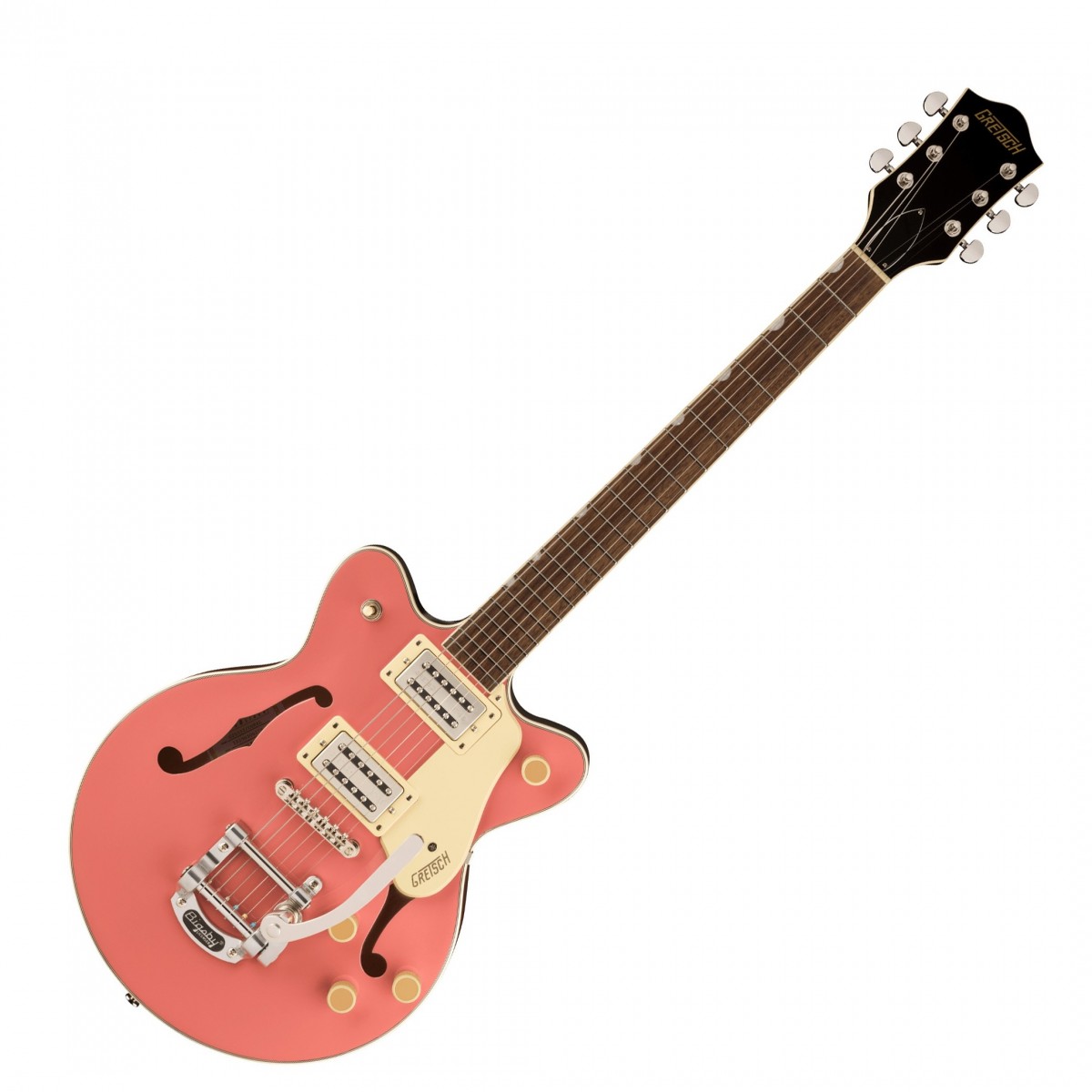 En bild på Gretsch G2655T Streamliner CB Jr w/ Bigsby Coral | Gretsch G2655T Streamliner CB Jr w/ Bigsby är en snygg och mångsidig gitarr perfekt för både professionella och blivande musiker. Den laminerade lönnkroppen med en välvd topp mittblockkonstruktion och Bigsby B50 bakstycke förstärker inte bara dess vintage utan säkerställer också förbättrad sustain och minskad feedback. Den är utrustad med Broad'Tron BT-3S-pickuper som erbjuder ett ljudområde från fylliga varma toner till kraftfulla artikulerade med ytterligare ljudmöjligheter som tillhandahålls av push/pull-spolesplitfunktionen. Den fasta halskonstruktionen och den mjuka "C"-formade halsprofilen säkerställer bekväm spelbarhet. Lagerbrädan med pärloroid neo-klassisk tumnagelinlägg glansig finish och åldrad vit bindning erbjuder en tidlös estetisk tilltalande. Gretsch G2655T Streamliner CB Jr w/ Bigsby utmärker sig för sin exceptionella byggkvalitet mångsidiga ljud och iögonfallande design vilket ger en verkligt inspirerande musikalisk upplevelse.