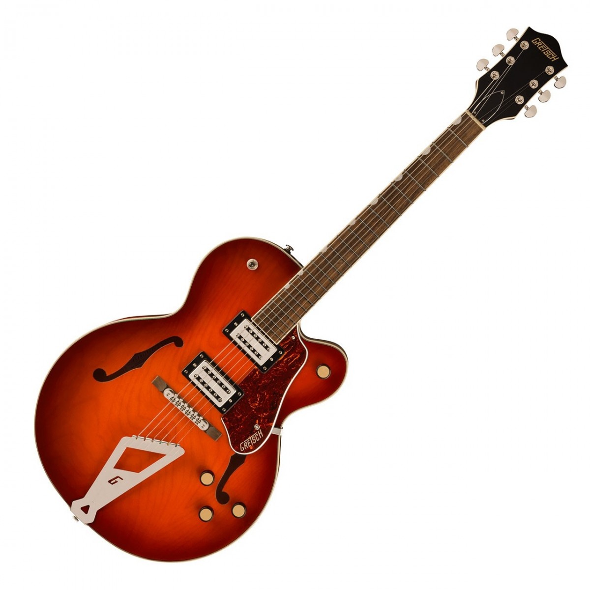En bild på Gretsch G2420 Streamliner Hollow Body w/ Chromatic II Fireburst | Gretsch G2420 Streamliner Hollow Body är en gitarr som utan ansträngning blandar klassisk design med moderna funktioner vilket ger exceptionell prestanda ljud och stil till ett otroligt pris. Utrustad med Broad'Tron BT-3S-pickuper erbjuder G2420 ett dynamiskt och mångsidigt utbud av toner. Dessa kombinerar Alnico 5- och Alnico 2-magneter för att leverera en musikalisk närvaro som berikar din spelupplevelse och ger starka mellantoner snäva låga och jämna toppar. Med sin eleganta stil uppdaterade elektronik och moderna ljud är Gretsch G2420 det perfekta valet för den moderna gitarristen som vill tänja på gränser och skapa sitt eget unika ljud. Streamliner har en helt ihålig välvd lönnkropp med parallella tonstänger och levererar rika resonanta och blomstrande övertoner. Denna gitarr är perfekt för kraftfulla spelare som längtar efter den befodralande närvaron och vill sticka ut från mängden. Upplev det fantastiska Gretsch ljudet som aldrig förr med G2420.
