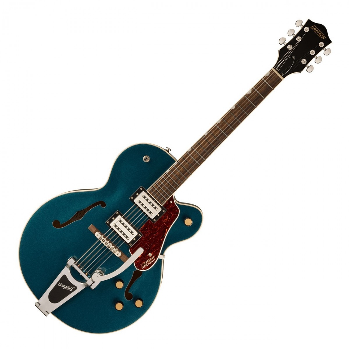 En bild på Gretsch G2420T Streamliner Hollow Body w/ Bigsby Midnight Sapphire | Gretsch G2420T Streamliner Hollow Body med Bigsby är en gitarr som kombinerar det bästa från det förflutna med spännande nya funktioner och erbjuder exceptionell prestanda ljud och stil till ett otroligt värde. Utrustad med helt nya BroadTron BT-3S pickuper. Dessa använder en kombination av Alnico 5- och Alnico 2-magneter för att leverera stramare låga toner starkare mellanregister och mjuka klara höga toner med musikalisk närvaro. Resultatet är dynamiska och välartikulerade toner som kan hantera ett brett spektrum av genrer. Den här gitarren är designad för den moderna gitarristen som vill ha något utöver det vanliga och den levererar både utseendemässigt och röstmässigt. Dess moderna ljud uppdaterade elektronik och eleganta stil skapar en ny syn på Gretschs sound. G2420T har en helt ihålig välvd lönnkropp med parallella tonstavar och producerar rika fylliga harmoniska toner med djup resonans. Det inbyggda tremolosystemet Bigsby ökar mångsidigheten och möjliggör uttrycksfulla vibrato- och dive-bombing-effekter. Experimentera med en gitarr som inspirerar dig att utforska nya musikaliska horisonter.