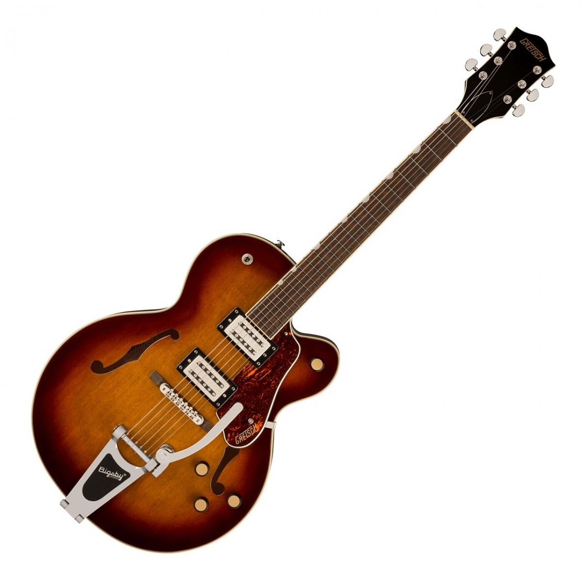 En bild på Gretsch G2420T Streamliner Hollow Body w/ Bigsby Havana Burst | Gretsch G2420T Streamliner Hollow Body med Bigsby är en gitarr som kombinerar det bästa från det förflutna med spännande nya funktioner och erbjuder exceptionell prestanda ljud och stil till ett otroligt värde. Utrustad med helt nya BroadTron BT-3S pickuper. Dessa använder en kombination av Alnico 5- och Alnico 2-magneter för att leverera stramare låga toner starkare mellanregister och mjuka klara höga toner med musikalisk närvaro. Resultatet är dynamiska och välartikulerade toner som kan hantera ett brett spektrum av genrer. Den här gitarren är designad för den moderna gitarristen som vill ha något utöver det vanliga och den levererar både utseendemässigt och röstmässigt. Dess moderna ljud uppdaterade elektronik och eleganta stil skapar en ny syn på Gretschs sound. G2420T har en helt ihålig välvd lönnkropp med parallella tonstavar och producerar rika fylliga harmoniska toner med djup resonans. Det inbyggda tremolosystemet Bigsby ökar mångsidigheten och möjliggör uttrycksfulla vibrato- och dive-bombing-effekter. Experimentera med en gitarr som inspirerar dig att utforska nya musikaliska horisonter.