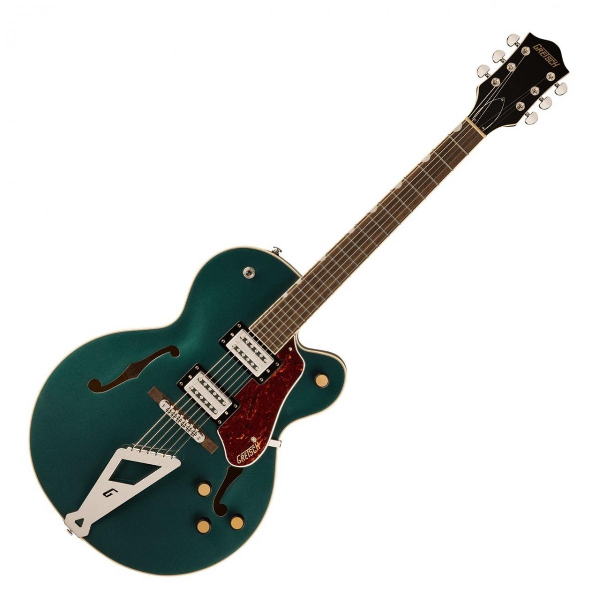 En bild på Gretsch G2420 Streamliner Hollow Body Cadillac Green | Gretsch G2420 Streamliner Hollow Body är en gitarr som utan ansträngning blandar klassisk design med moderna funktioner vilket ger exceptionell prestanda ljud och stil till ett otroligt pris. Utrustad med Broad'Tron BT-3S-pickuper erbjuder G2420 ett dynamiskt och mångsidigt utbud av toner. Dessa kombinerar Alnico 5- och Alnico 2-magneter för att leverera en musikalisk närvaro som berikar din spelupplevelse och ger starka mellantoner snäva lågtoner och jämna toppar. Med sin eleganta stil uppdaterade elektronik och moderna ljud är Gretsch G2420 det perfekta valet för den moderna gitarristen som vill tänja på gränser och skapa sitt eget unika ljud. Streamliner har en helt ihålig välvd lönnkropp med parallella tonstänger och levererar rika resonanta och blomstrande övertoner. Denna gitarr är perfekt för kraftfulla spelare som längtar efter den befodralande närvaron och vill sticka ut från mängden. Upplev det fantastiska Gretsch ljudet som aldrig förr med G2420.