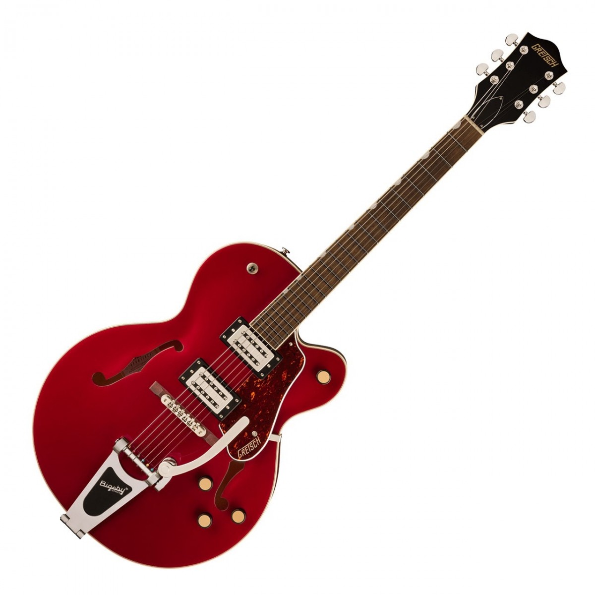 En bild på Gretsch G2420T Streamliner Hollow Body w/ Bigsby Brandywine | Gretsch G2420T Streamliner Hollow Body med Bigsby är en gitarr som kombinerar det bästa från det förflutna med spännande nya funktioner och erbjuder exceptionell prestanda ljud och stil till ett otroligt värde. Utrustad med helt nya BroadTron BT-3S pickuper. Dessa använder en kombination av Alnico 5- och Alnico 2-magneter för att ge stramare låga toner starkare mellanregister och mjuka klara höga toner med musikalisk närvaro. Resultatet är dynamiska och välartikulerade toner som kan hantera ett brett spektrum av genrer. Den här gitarren är designad för den moderna gitarristen som vill ha något utöver det vanliga och den levererar både utseendemässigt och röstmässigt. Dess moderna ljud uppdaterade elektronik och eleganta stil skapar en ny syn på Gretschs sound. G2420T har en helt ihålig välvd lönnkropp med parallella tonstavar som ger rika fylliga harmoniska toner med djup resonans. Det inbyggda tremolosystemet Bigsby ökar mångsidigheten och möjliggör uttrycksfulla vibrato- och dive-bombing-effekter. Experimentera med en gitarr som inspirerar dig att utforska nya musikaliska horisonter.