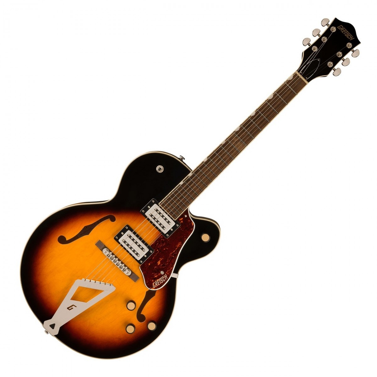 En bild på Gretsch G2420 Streamliner Hollow Body Aged Brooklyn Burst | Gretsch G2420 Streamliner Hollow Body är en gitarr som utan ansträngning blandar klassisk design med moderna funktioner vilket ger exceptionell prestanda ljud och stil till ett otroligt pris. Utrustad med Broad'Tron BT-3S-pickuper erbjuder G2420 ett dynamiskt och mångsidigt utbud av toner. Dessa kombinerar Alnico 5- och Alnico 2-magneter för att leverera en musikalisk närvaro som berikar din spelupplevelse och ger starka mellantoner snäva lågtoner och jämna toppar. Med sin eleganta stil uppdaterade elektronik och moderna ljud är Gretsch G2420 det perfekta valet för den moderna gitarristen som vill tänja på gränser och skapa sitt eget unika ljud. Streamliner har en helt ihålig välvd lönnkropp med parallella tonstänger och levererar rika resonanta och blomstrande övertoner. Denna gitarr är perfekt för kraftfulla spelare som längtar efter den befodralande närvaron och vill sticka ut från mängden. Upplev det fantastiska Gretsch ljudet som aldrig förr med G2420.