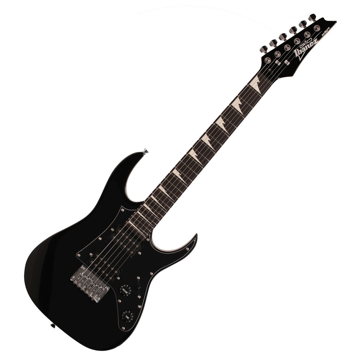 En bild på Ibanez GRGM21 GIO miKro Black Night - Nearly New | Ibanez GRGM21 GIO miKro 2018 Black Night har en kort skala och kompakt design med Ibanez otroliga toner och spelbarhet perfekt för unga spelare på väg att bli rocklegender. Tillverkad av en poppelkropp lönnhals och behandlad Nya Zeeland tallgreppbräda erbjuder Ibanez GIO miKro en vackert ljus varm ton med glittrande diskanter och tajt bas som passar en mängd spelstilar. Tack vare gitarrens uppsättning Infinity R humbuckers levererar den en fantastisk modern ton  som ger allt från kristallklara noter till full-on metal licks. Med instrumentets iögonfallande shartooth-inläggoch snygga black night finish är Ibanez Gio miKro GRG21 en fantastiskt kvalitativ och stilig gitarr