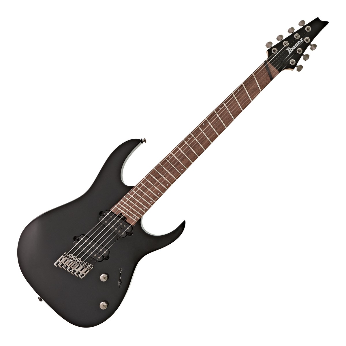 En bild på Ibanez RGMS7 Multi Scale 7 String Black | Ibanez RGMS7 Iron Label Multi Scale 7 String 2018 i svart erbjuder spelare otrolig bekvämlighet och ett utökat tonalt omfång. Dess flerskaliga hals och greppbräda ger en oerhört bekväm spelupplevelse medan den 5-delade lönn- och valnöt konstruktionen erbjuder en otroligt stabil prestanda. Kroppen i mahogny och greppbrädan av jatoba ger en balanserad tonal karaktär med slagkraftighet och ett dånande skarpt basregister. Gitarrens uppsättning Array-7 MS humbuckers är utformade för att rymma det utvidgade frekvensomfånget och de erbjuder kraftigt djupt och dundrande mättade toner. Dess uppsättning Array-7 humbuckers är byggda för att rymma dess mångsidiga design och erbjuder otrolig strängstabilitet samtidigt som de erbjuder perfekt artikulation över alla strängar.