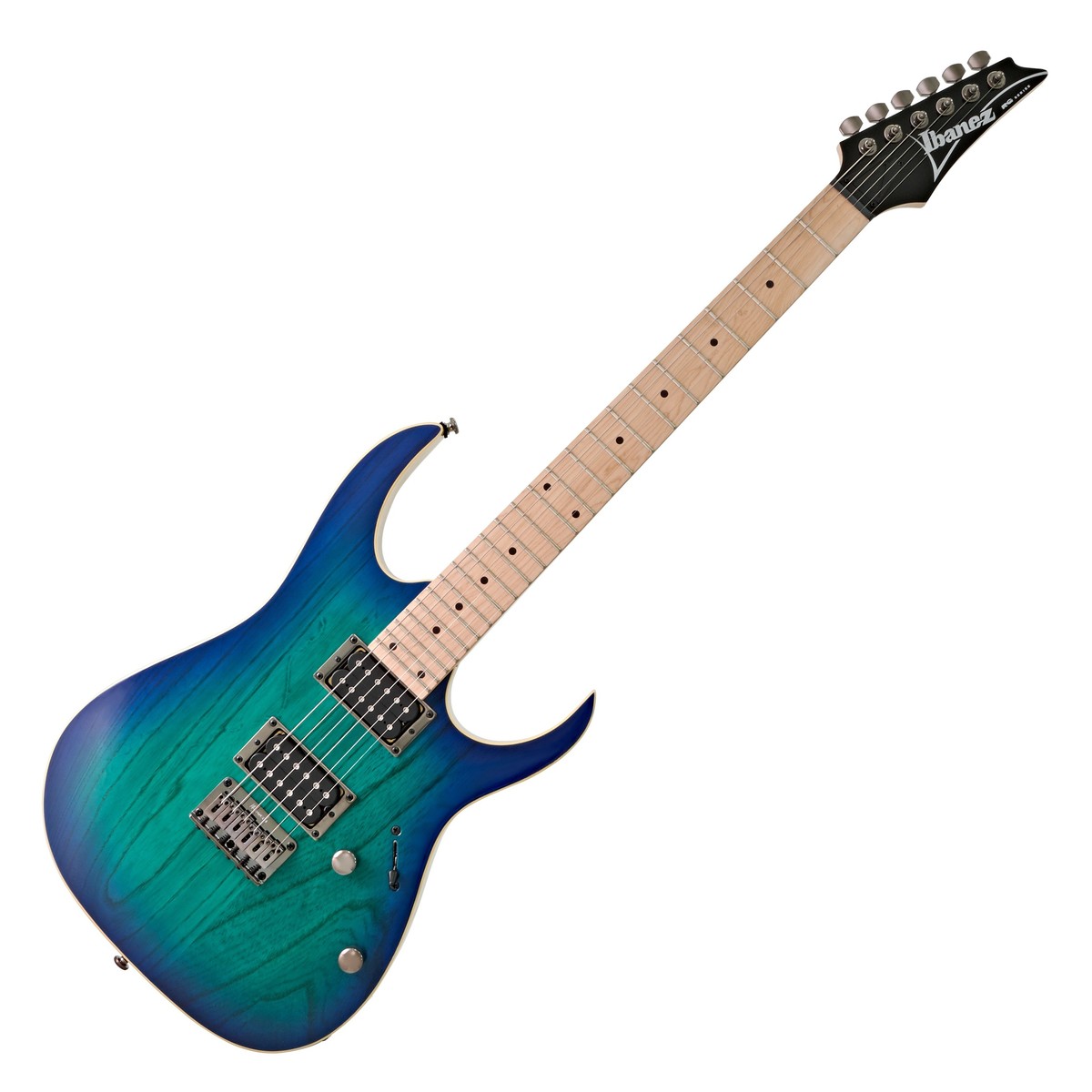 En bild på Ibanez RG421AHM Blue Moon Burst | Ibanez RG421AHM 2018 Blue Moon Burst ger ett iögonfallande utseende med kraftfulla tonala funktioner. Gitarrens uppsättning Quantum humbuckers erbjuder ett brett dynamiskt tonomfång som passar en mängd olika spelstilar vilket erbjuder ett riktigt mångsidigt instrument. Kroppen i ask har kombinerats med en lönnhals och greppbräda vilket erbjuder otroligt ljusa toner med en härlig klingande karaktär glittrande diskanter och ett smidig tajt dunkande basregister. Wizard III halsprofilen är utformad för att ge otrolig bekvämlighet över hela greppbrädan så att spelare kan leverera snabba positionsändringar och snabba slides. Ibanez RG421AHM har ett fast stall  vilket förbättrar strängstabiliteten såväl som Cosmo Black-hårdvara och en visuellt imponerande blue moon burst finish.