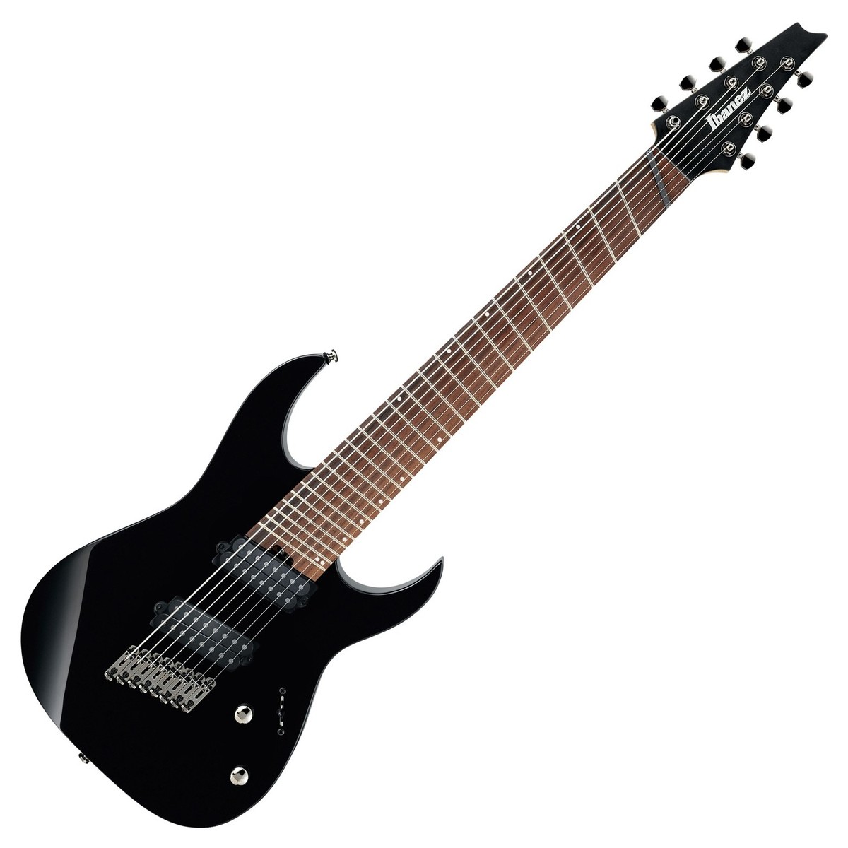 En bild på Ibanez RGMS8 Multi Scale 8 String Black | Ibanez RGMS8 Iron Label Multi Scale 8 String 2018 i svart är byggd för spelare som vill ha förödande starka toner. Denna gitarr erbjuder ett utökat frekvensomfång och en otroligt bekväm prestanda. Multi-scale halsen och grepprbrädan ger spelare en otroligt bekväm upplevelse medan den 5-delade lönn- och valnötkonstruktionen ger en stabil prestanda. Kroppen i mahogny och greppbrädan av jatoba ger en balanserad tonal karaktär med slagkraftighet och ett dånande skarpt basregister. Gitarrens uppsättning Array-7 MS humbuckers är utformade för att rymma det utvidgade frekvensomfånget och de erbjuder kraftigt djupt och dundrande mättade toner. Dess uppsättning Array-7 humbuckers är byggda för att rymma dess mångsidiga design och erbjuder otrolig strängstabilitet samtidigt som de erbjuder perfekt artikulation över alla strängar.
