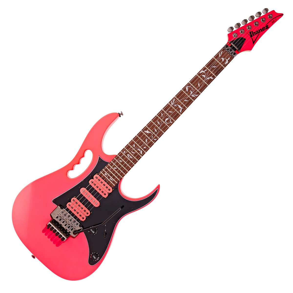 En bild på Ibanez JEM Junior Steve Vai Pink | En gitarr med stil och ljudt att beundra. Ibanez JEM Junior Steve Vai 2018 är en fantastisk begränsad upplaga med en fängslande rosa finish som inspirerats av Steve 30 års jubileumsmodell. JEM777 med sin häpnadsväckande rosa finish. JEM Junior är utrustad med en uppsättning infinity-mickar i en HSH-konfiguration; detta ger en mångsidig prestanda och gitarrens humbuckers erbjuder starka leads och välartikulerad rytm medan den enkelspolade micken förbättrar den övergripande tonen med smidiga tajta licks och utmärkt skärpa. Gitarren är tillverkade av robust mahogny och har Steves ikoniska "Monkey grip" handtag vilket erbjuder unika spelfunktioner och ett fint utseende. Lönnhalsen och jatoba-greppbrädan förstärker 2018 JEM-gitarrens ljud och hjälper att skapa ljuva toner med en smidig prestanda. Gitarren har dessutom ett fantastiskt dubbelt låsande svajstall så att du lätt kan skapa kraftfulla pitch bend-effekter Ibanez JEM Junior Steve Vai 2018 gitarr är ett perfekt komplement till alla fans samling.