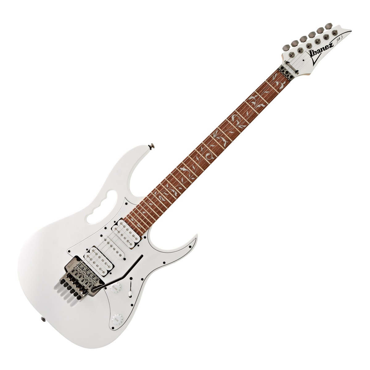En bild på Ibanez JEM Junior Steve Vai White | Ibanez JEMJR Junior Steve Vai i vitt är byggt för kreativa visionärer och erbjuder en mångsidig prestanda och fantastiska tonala möjligheter. Allt detta möter en av världens flitigaste musikers Steve Vais egna krav. Ibanez JEMJR har en robust mahognykropp och Steves signatur "Monkey Grip" för en unik look. Gitarrens släta lönnhals och jatoba-greppbräda har en bekväm wizard III-profil. Denna är optimerad för snabba och smidiga solon och riffs. Samtidigt  erbjuder tjockleken en fullt klingande resonans. De kraftfulla quantum-mickarna har en HSH-konfiguration vilket ger denna signature-gitarr fantastisk mångsidighet och utmärkt dynamik - perfekt för en mängd olika spelstilar. Det dubbelt låsande svajstallet erbjuder fängslande pitch bends och dive bombs. Ibanez JEMJR Junior är det perfekta valet för både Steve Vai fans och kreativa gitarrister.