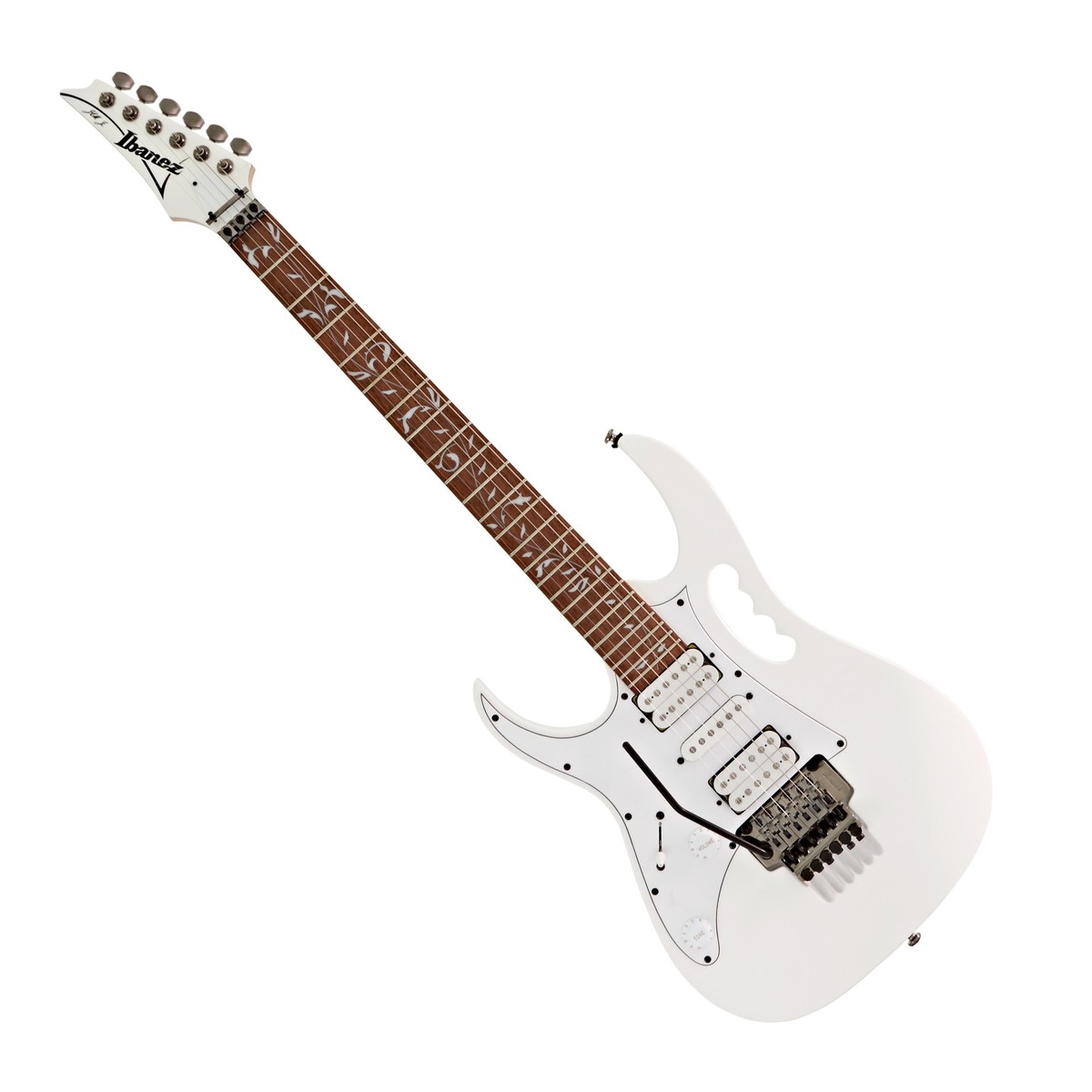 En bild på Ibanez JEMJRL Junior Steve Vai Left Handed White | Den vänsterhänta Ibanez JEMJRL Junior Steve Vai i vitt är byggt för kreativa visionärer och erbjuder en mångsidig prestanda och fantastiska tonala möjligheter. Allt detta möter en av världens flitigaste musikers Steve Vais egna krav. Ibanez JEMJRL har en robust mahognykropp och Steves signatur "Monkey Grip" för en unik look. Gitarrens släta lönnhals och jatoba-greppbräda har en bekväm wizard III-profil. Denna är optimerad för snabba och smidiga solon och riffs. Samtidigt erbjuder tjockleken en fullt klingande resonans. De kraftfulla quantum-mickarna har en HSH-konfiguration vilket ger denna signature-gitarr fantastisk mångsidighet och utmärkt dynamik - perfekt för en mängd olika spelstilar. Det dubbelt låsande svajstallet erbjuder fängslande pitch bends och dive bombs. Ibanez JEMJRL Junior är det perfekta valet för både Steve Vai fans och kreativa gitarrister.