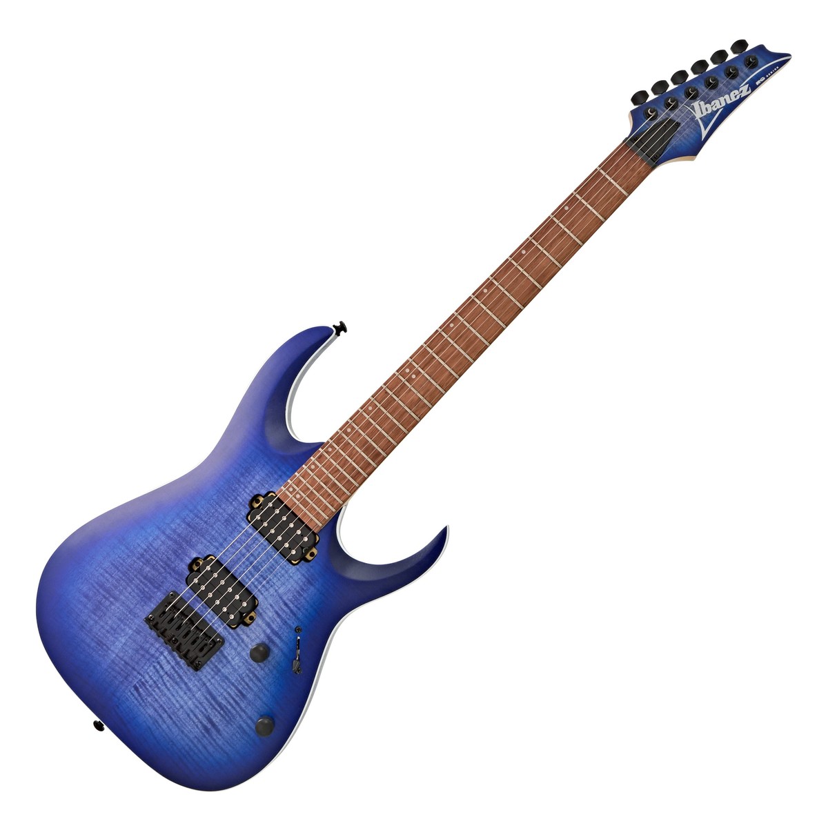 En bild på Ibanez RGA42FM Blue Lagoon Burst Flat | Ibanez RGA42FM 2018 Blue Lagoon Burst Flat erbjuder högpresterande lätt spelbarhet snabbhet och precision. Med sin snyggt formade topp ger gitarren möjlighet att spela obegränsat vilket möjliggör en stark utgående signal och kraftig riffing. RGA42FM är utrustad med Quantum pickuper som ger en accelererad basrespons med ett krossande mellanregister och exakta diskanter. Wizard III-halsen är tunn flat snabbt spelad och ger ett starkt ljud också. Du kan fritt röra dina händer längs greppbrädan och spela hur snabbt som helst . Kroppen är konstruerad av mahogny vilket gör den lätt. Halsen är också infälld för att ge lätt tillgång till de högsta noterna.