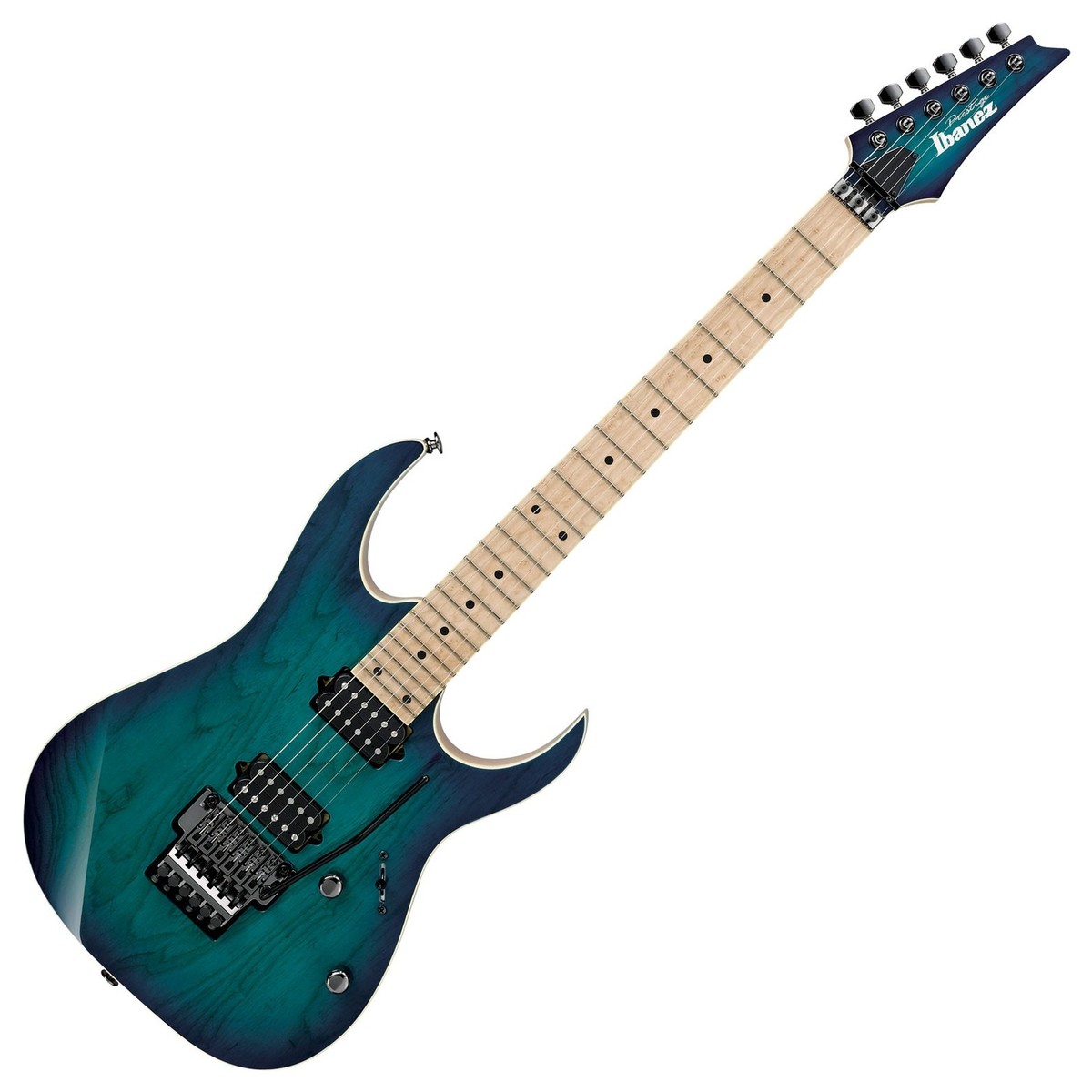 En bild på Ibanez RG652AHM Prestige Nebula Green Burst | En drömlik stilig gitarr med ett dånande ljud. Ibanez RG652AHM Prestige 2018-gitarren har en fantastisk nebula green burst finish och en elegant Birdseye Maple- greppbräda vilket skapar ett verkligt prestigefyllt utseende som kommer att förbättra instrumentets scennärvaro. Dess solida askkropp och 5-bitars lönn och walnuthaös ger en otroligt stabil prestanda och en vackert klar jämn ton. Halsens wizard HP-profil och prestige-kantbehandling på banden ger spelare en otroligt jämn spelkänsla vilket ger perfekt bekvämlighet för snappt spelande över hela greppbrädan. Instrumentets uppsättning kraftfulla DiMarzio humbuckers är där RG652AHM får sina dundrande toner och erbjuder spelare de djupa varma tonerna av Air Norton och det breda dynamiska omfånget av The Tone Zone. Gitarrens klassiska edge-svajstall och låsande sadel kompletterar Ibanez RG652AHMs fantastiska prestanda vilket ger jämn tonhöjdseffekter och behåller gitarrens ursprungliga stämning. Ibanez RG652AHM Prestige-gitarren levereras med ett slitstarkt hårdfodral som erbjuder det perfekta valet för spelare som vill ha det allra bästa.