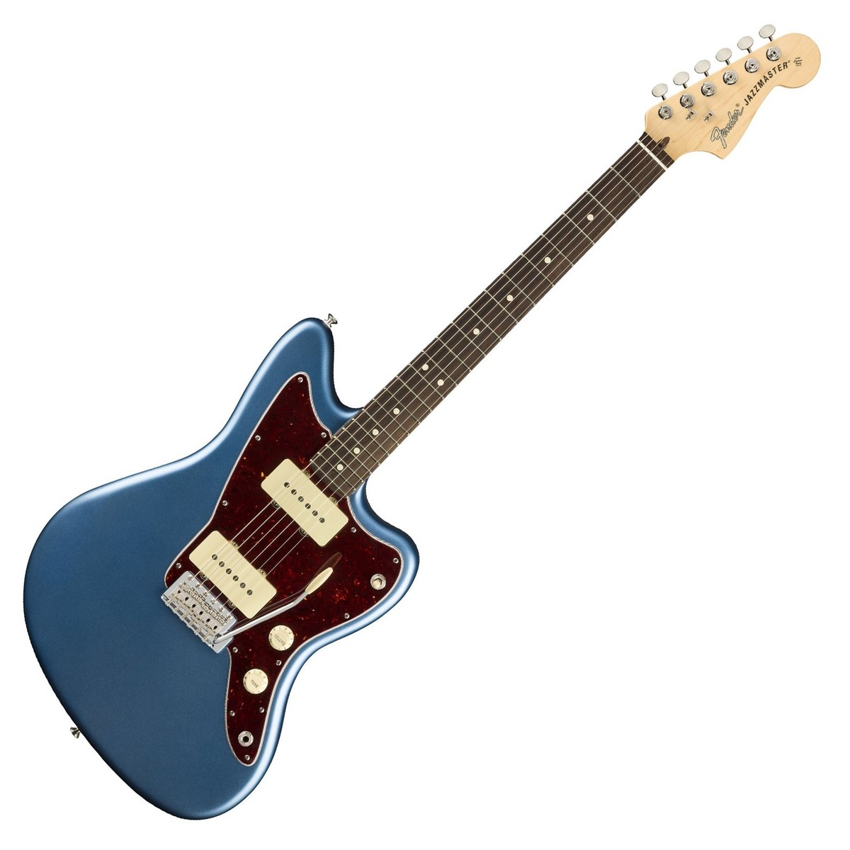 En bild på Fender American Performer Jazzmaster Satin Lake Placid Blue | FenderAmerican Performer Jazzmaster i Satin Lake Placid Blue är en elgitarr av högsta kvalitet som passar perfekt för musiker på alla nivåer. Med sin fantastiska färg och eleganta design är den här gitarren en riktig höjdare. En av de utmärkande egenskaperna hos denna gitarr är de nya Yosemite-pickuperna. Dessa pickuper har en specifik röst för varje instrument och position vilket ger ett brett utbud av mångsidiga och musikaliskt användbara ljud. I kombination med mastervolym- och tonkontrollerna har du fullständig kontroll över din ton.  ClassicGear-stämskruvarna på Fender Jazzmaster erbjuder en perfekt blandning av vintage-stil och modern funktionalitet. Med ett smidigt 18:1-växelförhållande gör dessa maskiner det enkelt att finjustera ditt instrument för bästa möjliga ljud. Gitarren har jumboband för uttrycksfulla bends så att du kan ge din musik en personlig touch. Tremolostalln i vintagestil och den sidenmatta halsen med en modern C-formad profil ger autentisk Fender prestanda och bekväm spelbarhet.  Greasebucket-tonsystemet är en unik egenskap hos den här gitarren. Det gör att du kan sänka diskanten utan att förlora gain eller kompromissa med din ton vilket säkerställer att ditt noggrant utformade sound bevaras.