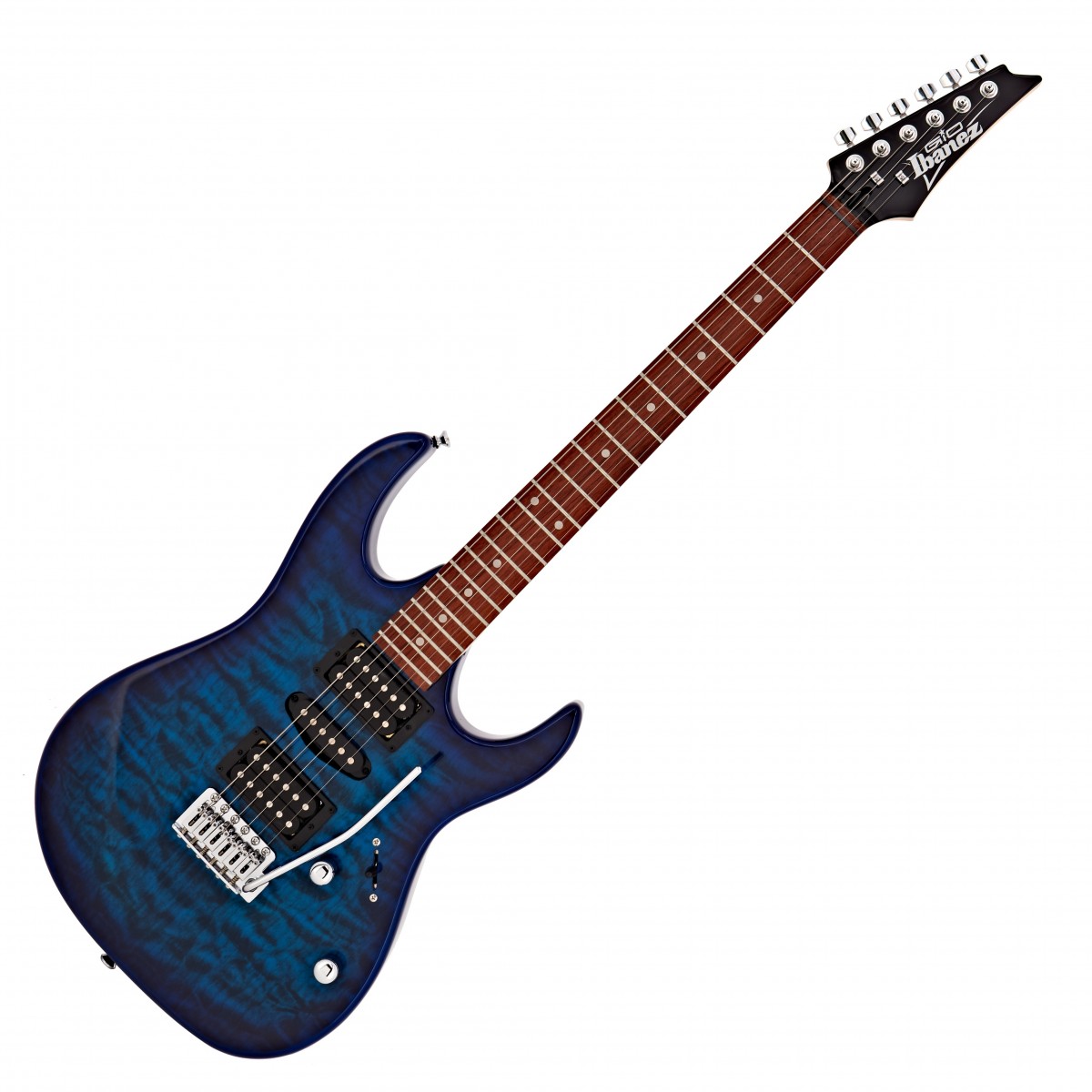 En bild på Ibanez GRX70QA GIO Transparent Blue Burst | Ibanez GRX70QA GIO 2018 Transparent Blue Burst bringar Ibanez högkvalitativa prestanda fantastiska utseende och mångsidiga toner till ambitiösa gitarrister och spelare på en tajt budget. Dess lätta poppelkropp har en fantastisk quilted art grain lönntopp vilket bidrar till ett verkligt fängslande utseende. Lönnhalsen och den nya zeländska greppbrädan i furu har en mjuk GRX-profil vilket ger spelare en otroligt bekväm prestanda. GRX GIO är också utrustad med en uppsättning Infinity pickuper för att erbjuda ett brett utbud tonala möjligheter från kristallklara koter till tajta baser och glittrande krossande diskanter. T106 svajstallet skapa fantastiska tonhöjdseffekter så att Ibanez GIO GRX70QA gitarren är perfekt för att ta ditt spelande till nya höjder.