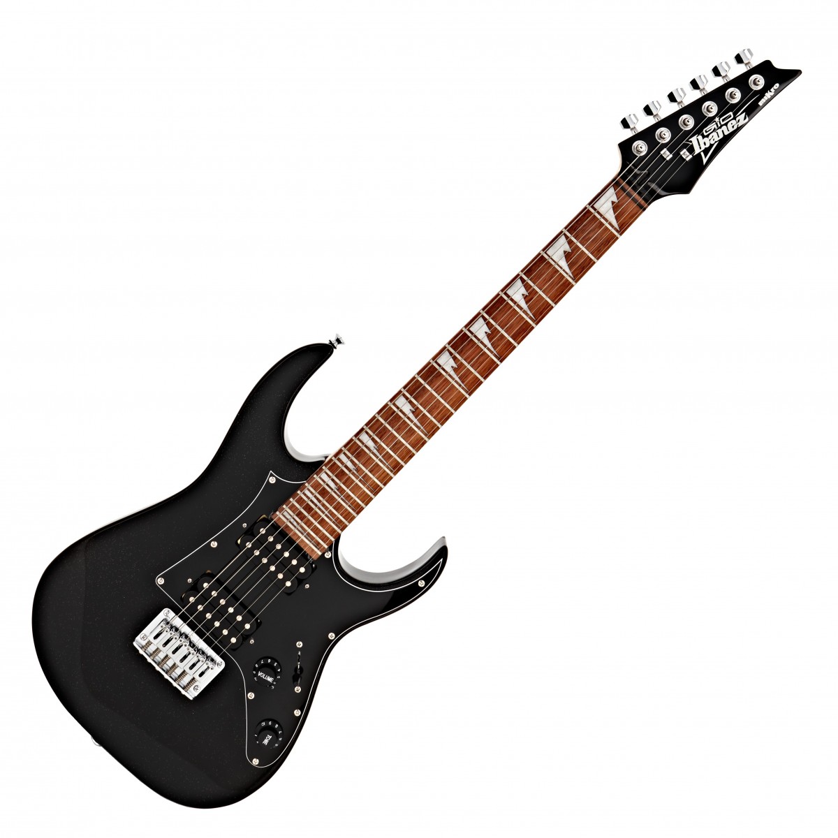 En bild på Ibanez GRGM21 GIO miKro Black Night | Ibanez GRGM21 GIO miKro 2018 Black Night har en kort skala och kompakt design med Ibanez otroliga toner och spelbarhet perfekt för unga spelare på väg att bli rocklegender. Tillverkad av en poppelkropp lönnhals och behandlad Nya Zeeland tallgreppbräda erbjuder Ibanez GIO miKro en vackert ljus varm ton med glittrande diskanter och tajt bas som passar en mängd spelstilar. Tack vare gitarrens uppsättning Infinity R humbuckers levererar den en fantastisk modern ton  som ger allt från kristallklara noter till full-on metal licks. Med instrumentets iögonfallande shartooth-inläggoch snygga black night finish är Ibanez Gio miKro GRG21 en fantastiskt kvalitativ och stilig gitarr