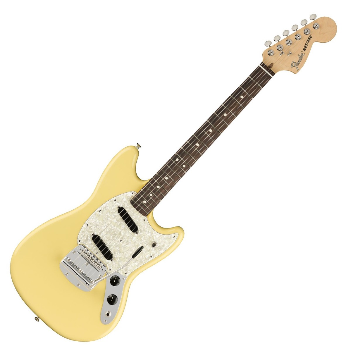 En bild på Fender American Performer Mustang Vintage White | Vintage design tidlöst ljud. Fender American Performer Mustang Vintage White helt enkelt utstrålar elegans och ger spelare ett tonalt mästerverk för att få liv i deras kreativa stil med enkel uttrycksfullhet.   För att erbjuda ett rikt dynamiskt ljud som är perfekt för alla musikstilar är Performer Mustang utrustad med två Yosemite enkelspolade pickuper. Den modifierade greasebucket-tonkretsen ger dig oändliga ljudmässiga möjligheter för att skulptera din ton hur än du önskar. Gitarren ger dig en spelupplevelse med maximal bekvämlighet och kontroll med -en "Modern C"-formad hals som är sakkunnigt utformad för en klassisk-Fender känsla. Inspiration direkt till hands...