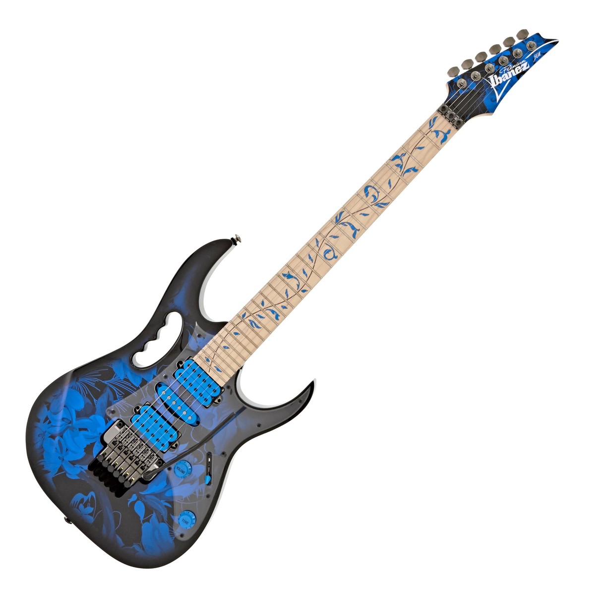En bild på Ibanez JEM77P Steve Vai Premium Blue Floral | Strålande stil och toner på alla sätt.  Ibanez JEM77P Steve Vai Premium 2018 Blue erbjuder Steves unika blandning med fantastisk estetik och kraftfull prestanda. JEM77P har utformats som premium-versionen av Vais ikoniska JEM77 och har en lätt kropp i amerikansk svartlind med en slät 5-delars lönn-/valnöthals samt en greppbräda i lönn. Detta ger vackert balanserade toner med en otroligt bekväm upplevelse. Denna fantastiska gitarrs uppsättning DiMarzio pickuper erbjuder den ultimata Steve Via-upplevelsen med en evolution single-coil och två Gravity Strom humbuckers som designades speciellt för den ikoniska gitarristen. Använd 5-vägs pickup-omkopplaren för att växla mellan olika olika tillgängliga toner från fylliga harmoniska ljudbilder till djupa varma noter. Edge Zero II svajstallet och den låsande sadeln kompletterar JEM77Ps otroliga prestanda och erbjuder fina pitch shifts och dive bombs men behåller samtidigt den ursprungliga stämningen perfekt. Ibanez JEM77P Steve Vai Premium är perfekta för både Steve Vai fans och erfarna gitarrister; gitarren har ett blue floral-mönster och levereras med ett mjukfodral.