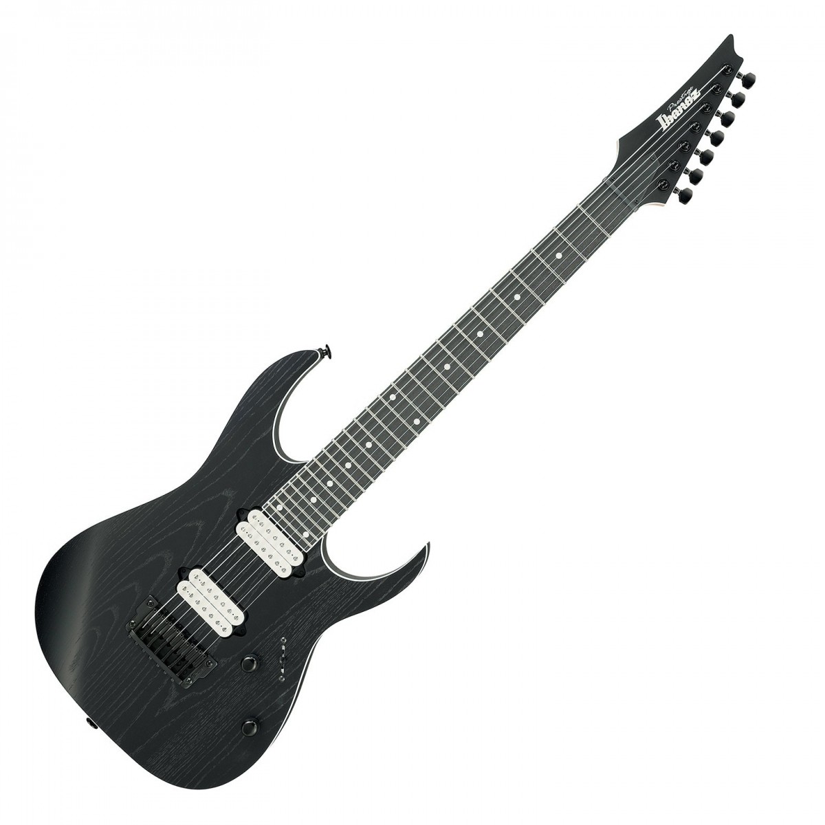 En bild på Ibanez RGR752AHBF Prestige 7-String Weathered Black | RGR752AHBF är en flaggskeppsmodell i Ibanez -serien känd för sin unika blandning av precision prestanda och spelbarhet. Bland de utmärkande egenskaperna finns en Wizard 5-styckig lönn/Wenge-hals för styrka och stabilitet en Ebenholts greppbräda i Macassar som är känd för att ge täta låga toner och ett rikt mellanregister samt jumbo-band med Prestige -bandkantbehandling för snabb respons och klara toner.  Ash-kroppen ger en behaglig ljushet och fyllig sustain medan DiMarzio® Fusion Edge-pickuperna som utvecklats i samarbete med Ibanez ger en kraftfull och distinkt ton. De låsbara maskinhuvudena Gotoh® MG-T ger en otrolig stämstabilitet och Gibraltar Standard II-stalln är konstruerad för optimal överföring av varje strängs vibrationer. Instrumentet levereras med ett skyddsfodral. Det är en sjusträngad modell tillverkad i Japan med en weathered black finish. Gitarren är en del av Prestige series som förkroppsligar högteknologiska tillverkningstekniker och banbrytande japanskt hantverk.