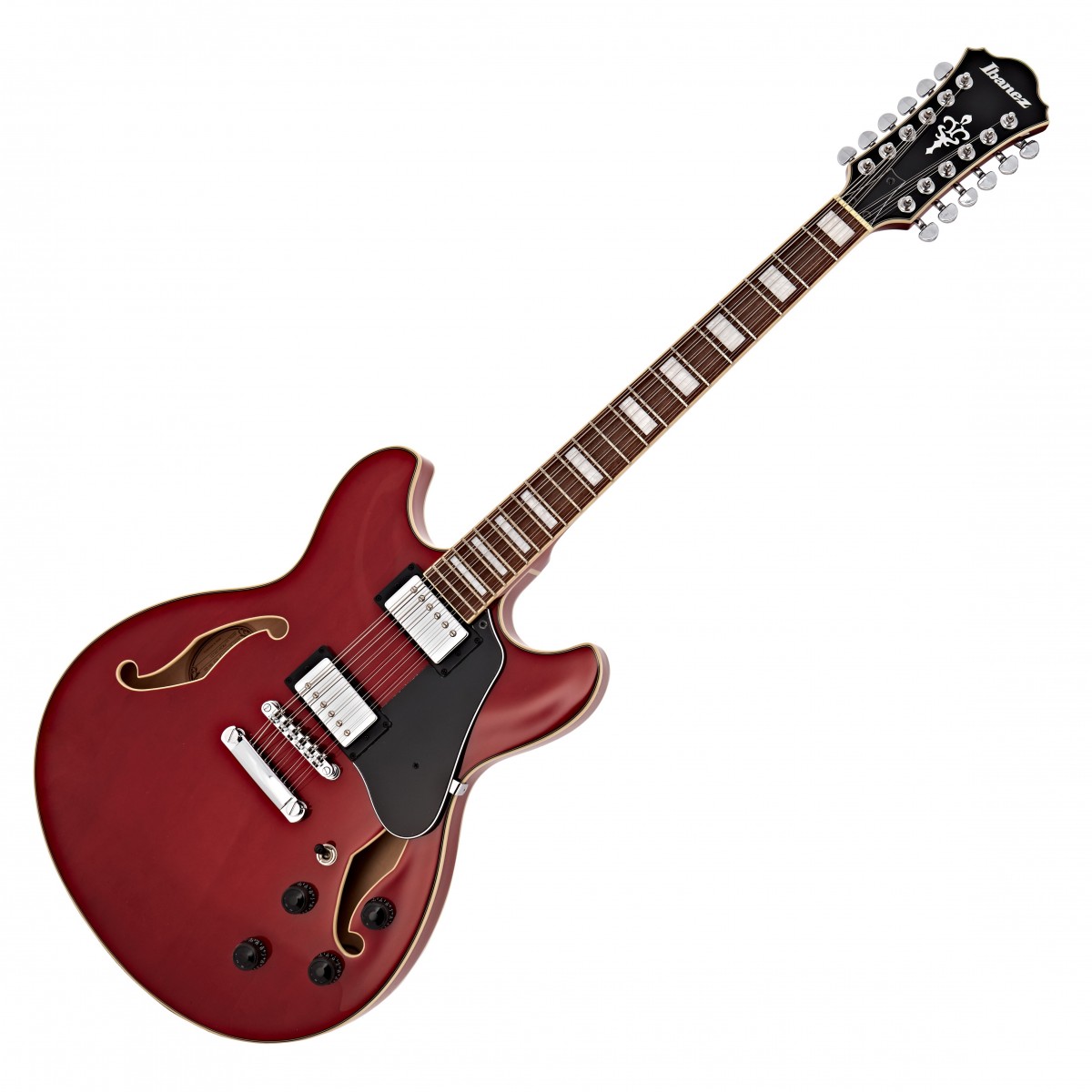 En bild på Ibanez AS7312 Artcore Trans Cherry Red | Ser otroligt ut ljudet r utsökt. Ibanez AS7312 Artcore är en gitarr byggd för spännande föreställningar. Med 12 strängar är möjligheterna oändliga. Blinkande diskantger resonant bas och ett fylligt mellanregister... varje frekvens kommer att projiceras med enorm kraft dynamik och klarhet. Som en passionerad jazz- rock- eller bluesgitarrist kommer du äntligen att kunna uppnå den ton du längtat efter. Klassiska Elite humbuckers erbjuder utmärkt skärpa samt de klara ljud som behövs för smidig definition. Mångsidiga kontroller ger dig underbar frihet att skulptera din ton.   Det är inte bara elektroniken i denna gitarr som levererar exceptionell ton men tonträna som den har skapats vackert med ger också en obscen mängd känsla . Byggd av lind ger kroppen ett fantastiskt balanserat ljud och nyatohalsen ger underbar resonans. En annan verkligen fantastisk funktion är walnut greppbrädan. Det är ljust och artikulerat men blir varmare och mjukare med åldern. Så du kan vara säker på att AS7312 Artcore håller dig hela livet.