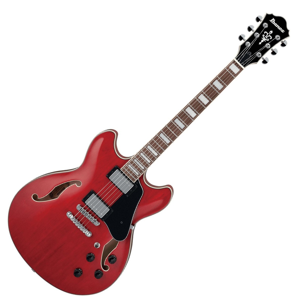 En bild på Ibanez AS73 Artcore Transparent Cherry Red | Total renhet i både stil och ljud. Ibanez AS73 Artcore kombinerar en makalös ton med oöverträffad stil. Detta instrument är helt enkelt utformat för att överträffa dina förväntningar samt ge dig komplett kontroll över dina egna unika ljud. Ge din prestanda en autentisk anda...   Producera ett ljud med exceptionell skärpa. AS73 omfattar ett par klassiska Elite-humbuckers och ger en skarp varm ton över hela dess omfång. Den sakkunnigt utformade semi - hollowbody-konstruktionen ger gitarren den distinkta resonansen som så länge redan har associerats med rock-musik. Så ett klassiskt fylligt ljud finns till direkt förfogande. Instrumentets lätthet och den jämna nyatoh-halsen låter dig utforska denna lättspelade gitarr. För att vara ännu stiligare är AS73 dekorerad med förkromad hårdvara vilket utmärker din unika närvaro på vilken som helst scen. Tidlös stil.