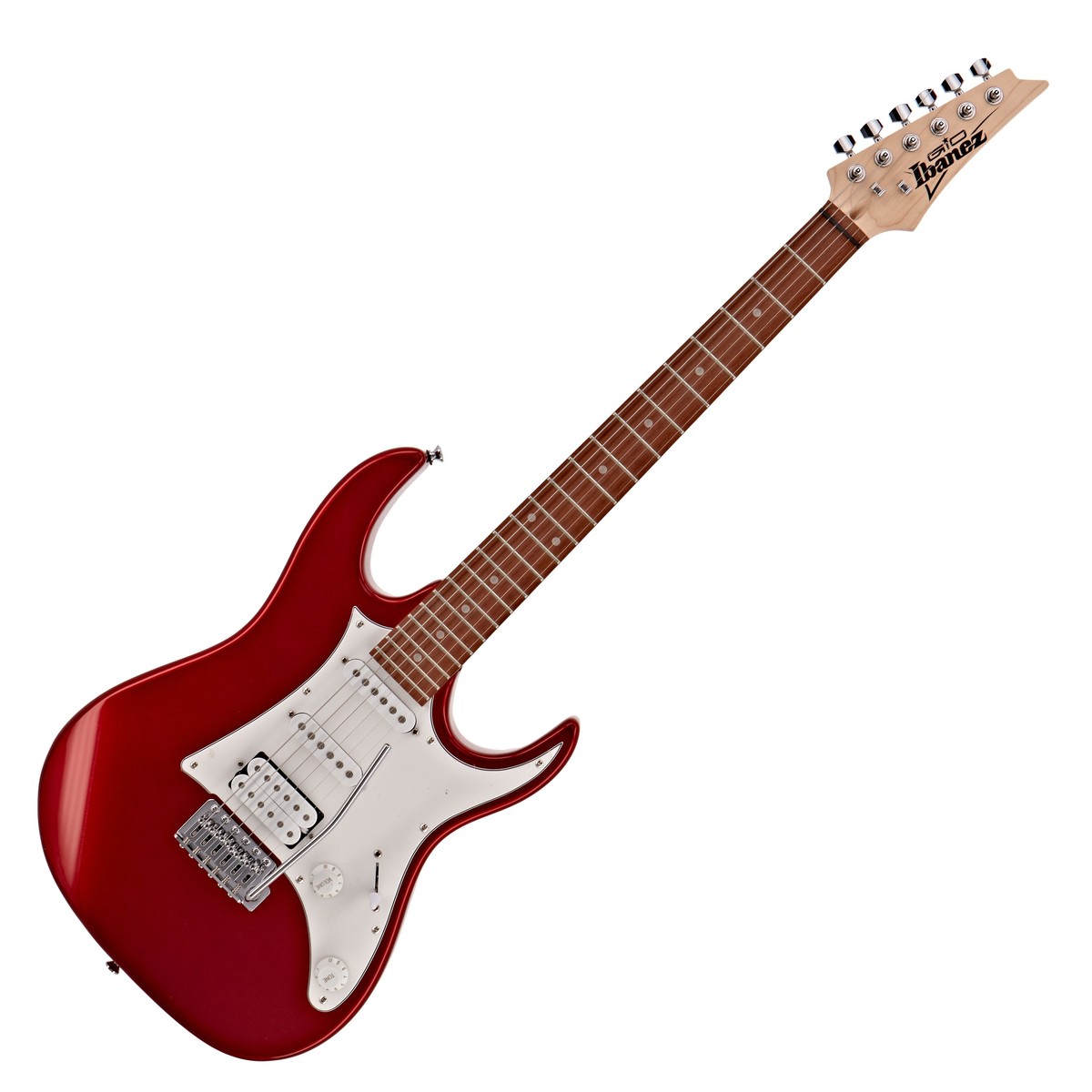 En bild på Ibanez GRX40 GIO Candy Apple Red | En gitarr för varje spelare. Ibanez GRX40 GIO är en häpnadsväckande fin gitarr med verklig potential. Gitarren omfattar tre Infinity-pickuper inklusive en humbucker och två enkelspolade; Gitarren erbjuder ett brett spektrum toner som ger dig kraften att få alla genrer att låta utmärkta. GRX-lönnhalsen gör det möjligt att spela smart och ledigt på den jämna och lättspelade halen. T106-tremolostallet ger dig möjligheten att lägga till så mycket vibrato till dina riffs som du bara kan finna. Denna välgjorda gitarr är designad för erfarna spelare och nybörjare och är ett lysande exempel på Ibanez uppfinningsrikedom och intressanta öga för detaljer.