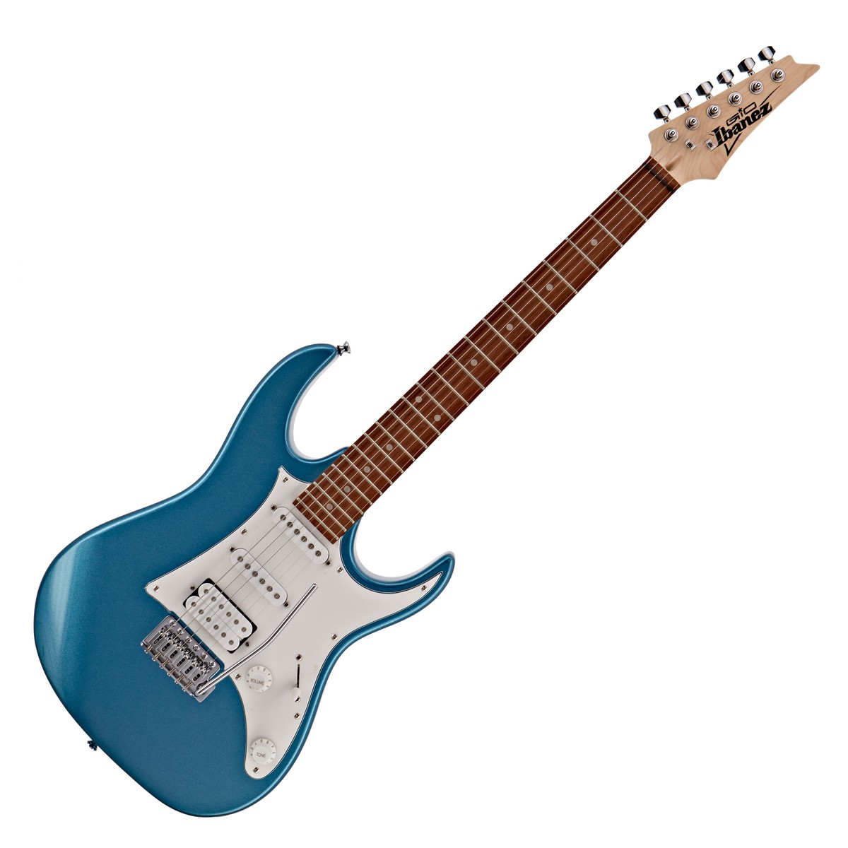 En bild på Ibanez GRX40 GIO Metallic Light Blue | En gitarr för varje spelare. Ibanez GRX40 GIO är en häpnadsväckande fin gitarr med verklig potential. Gitarren omfattar tre Infinity-pickuper inklusive en humbucker och två enkelspolade; Gitarren erbjuder ett brett spektrum toner som ger dig kraften att få alla genrer att låta utmärkta. GRX-lönnhalsen gör det möjligt att spela smart och ledigt på den jämna och lättspelade halen. T106-tremolostallet ger dig möjligheten att lägga till så mycket vibrato till dina riffs som du bara kan finna. Denna välgjorda gitarr är designad för erfarna spelare och nybörjare och är ett lysande exempel på Ibanez uppfinningsrikedom och intressanta öga för detaljer.