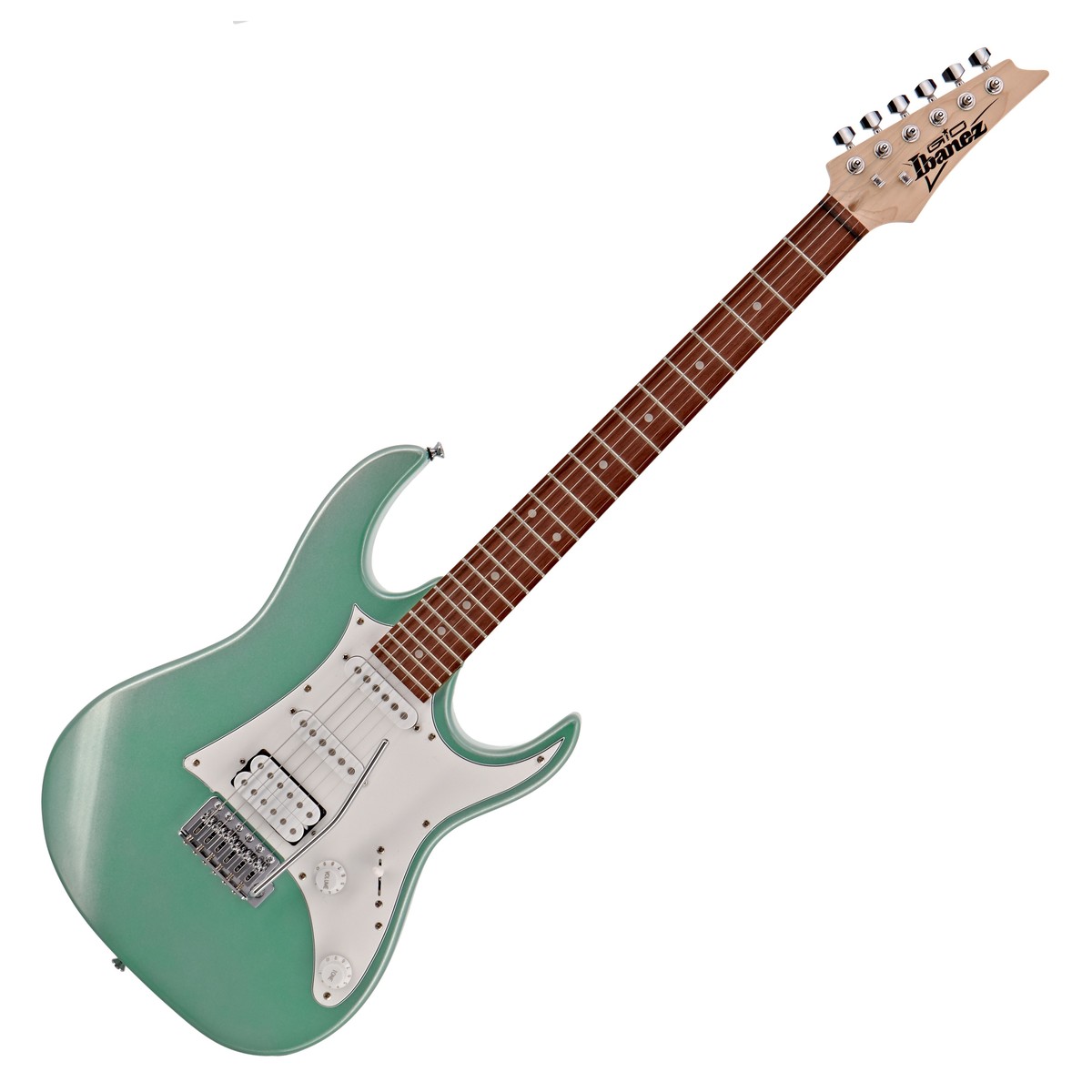 En bild på Ibanez GRX40 GIO Metallic Light Green | En gitarr för varje spelare. Ibanez GRX40 GIO är en häpnadsväckande fin gitarr med verklig potential. Gitarren omfattar tre Infinity-pickuper inklusive en humbucker och två enkelspolade; Gitarren erbjuder ett brett spektrum toner som ger dig kraften att få alla genrer att låta utmärkta. GRX-lönnhalsen gör det möjligt att spela smart och ledigt på den jämna och lättspelade halen. T106-tremolostallet ger dig möjligheten att lägga till så mycket vibrato till dina riffs som du bara kan finna. Denna välgjorda gitarr är designad för erfarna spelare och nybörjare och är ett lysande exempel på Ibanez uppfinningsrikedom och intressanta öga för detaljer.